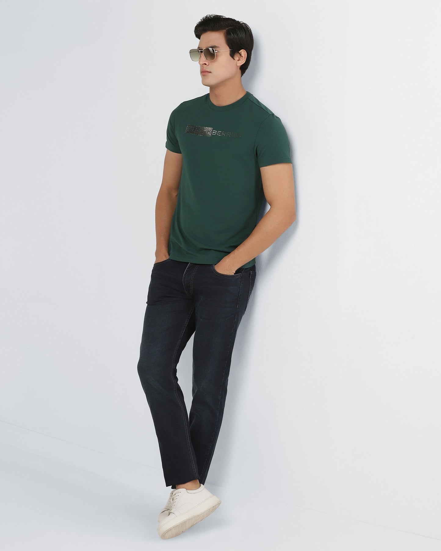 Forest Green Crew Neck Printed T-Shirt - Petunia