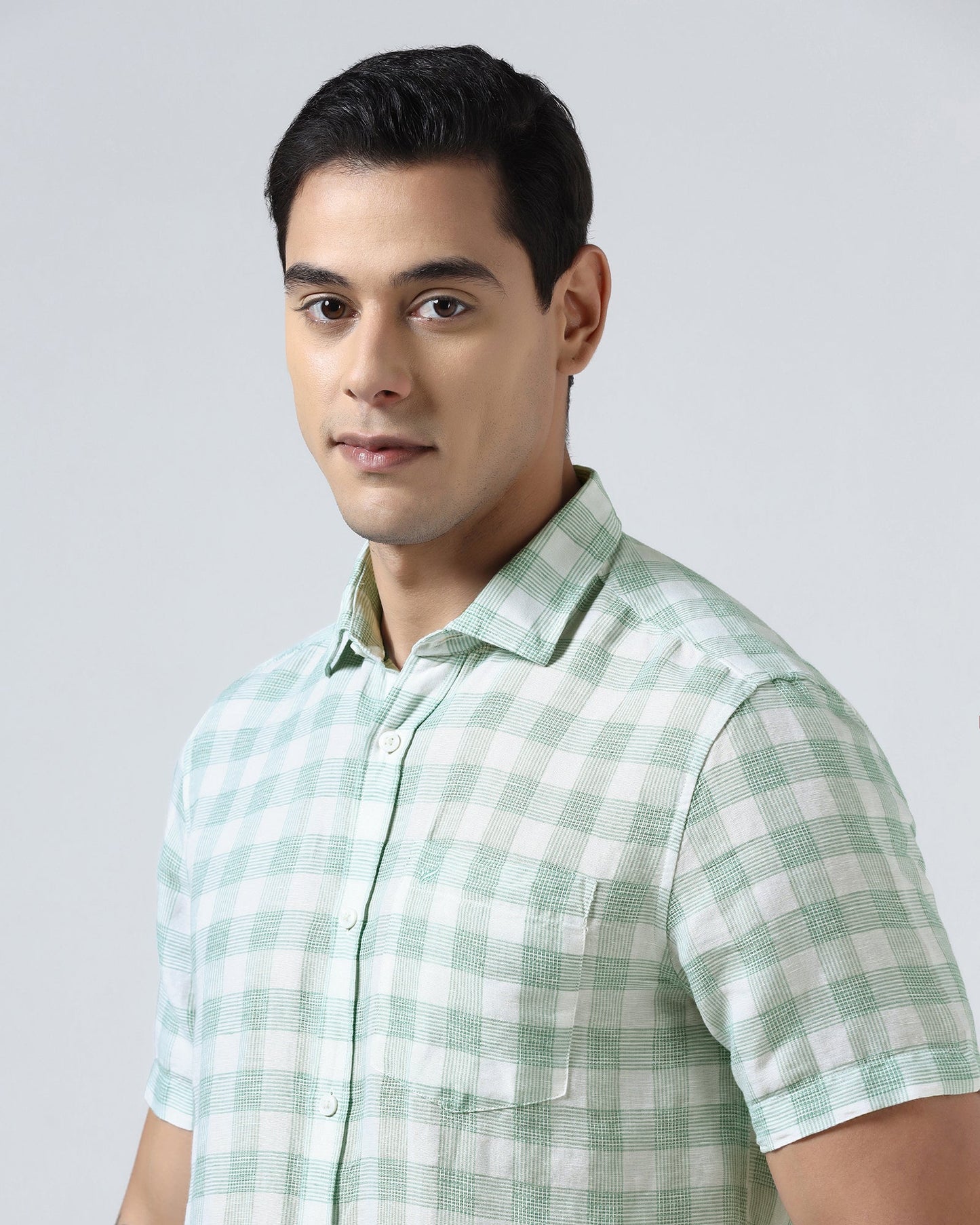 Green Half Sleeve Linen Check Shirt - Yudi