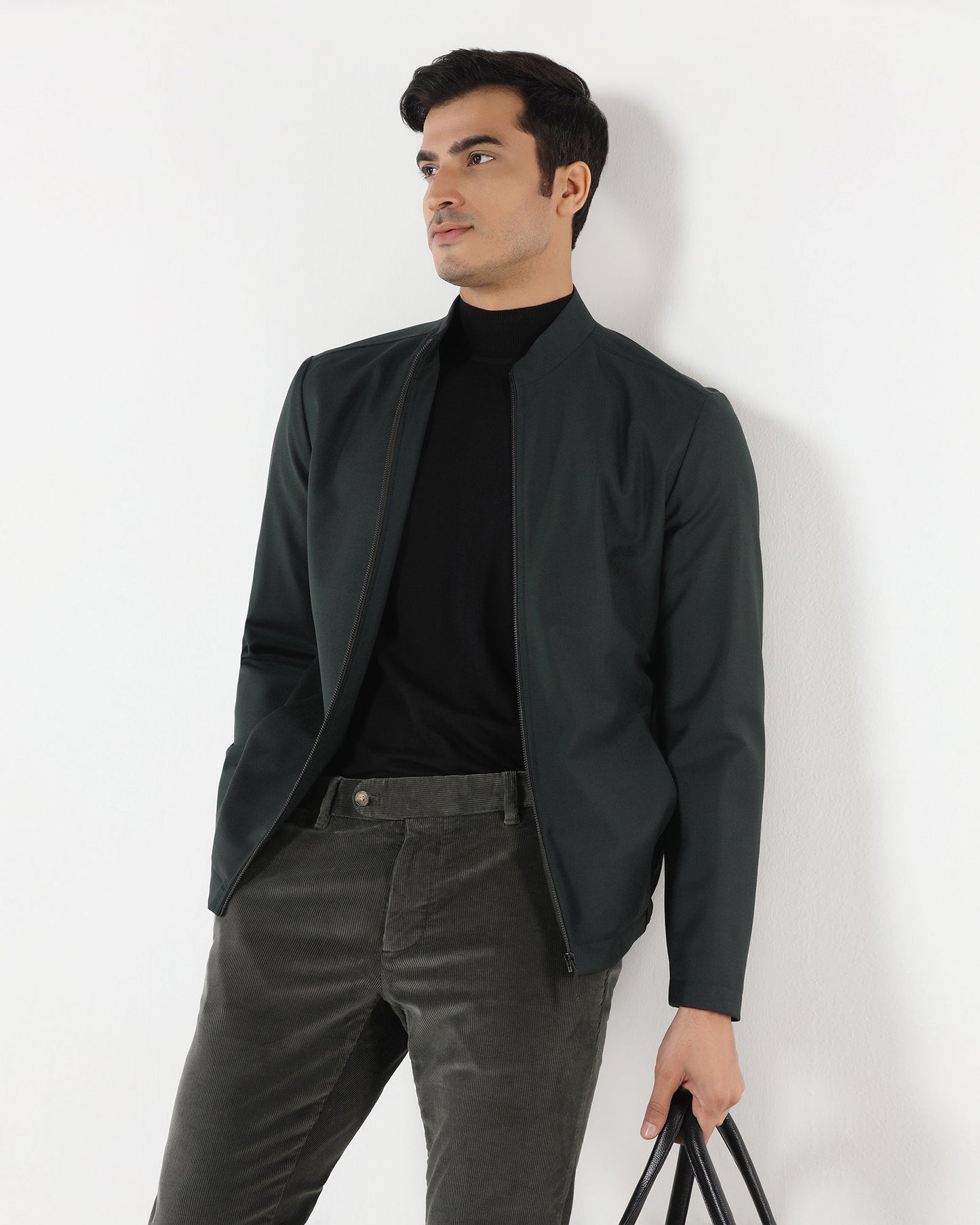 Green Solid Zipper Jacket - Zeno