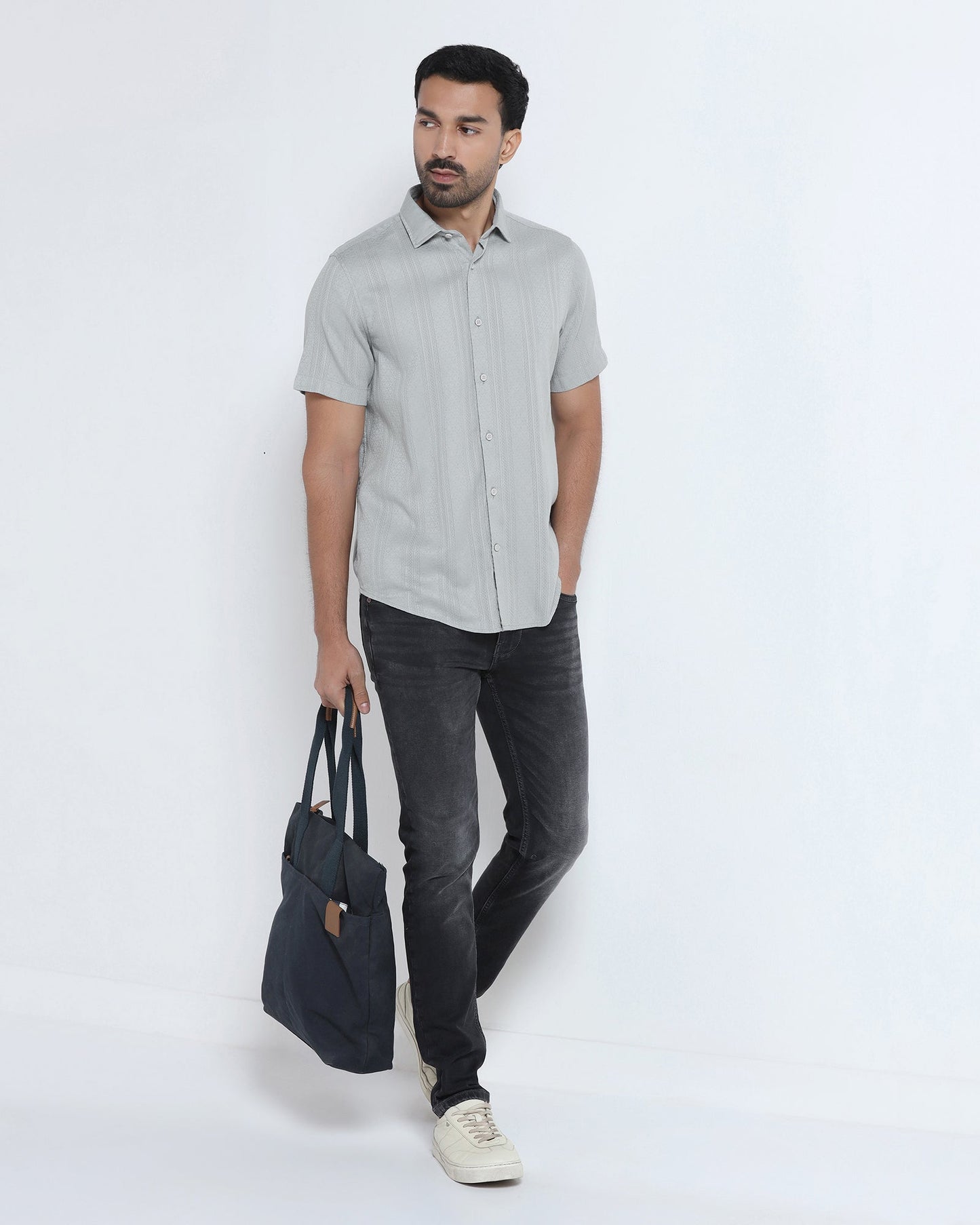 Grey Half Sleeve Textured Shirt - Lambo