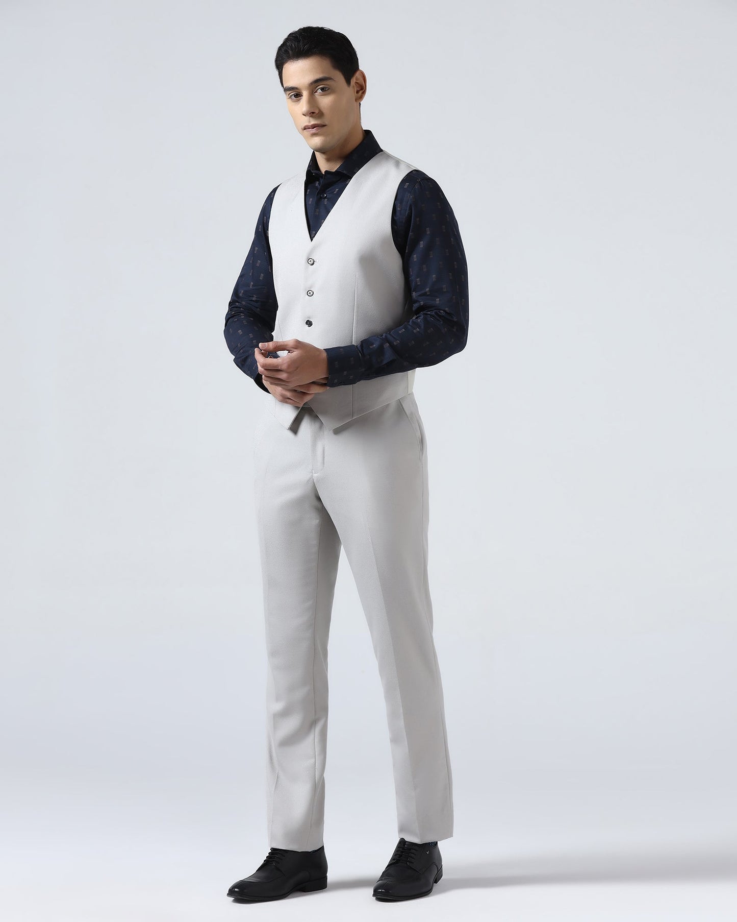 Grey Three Piece Jacquard Suit - Balliso