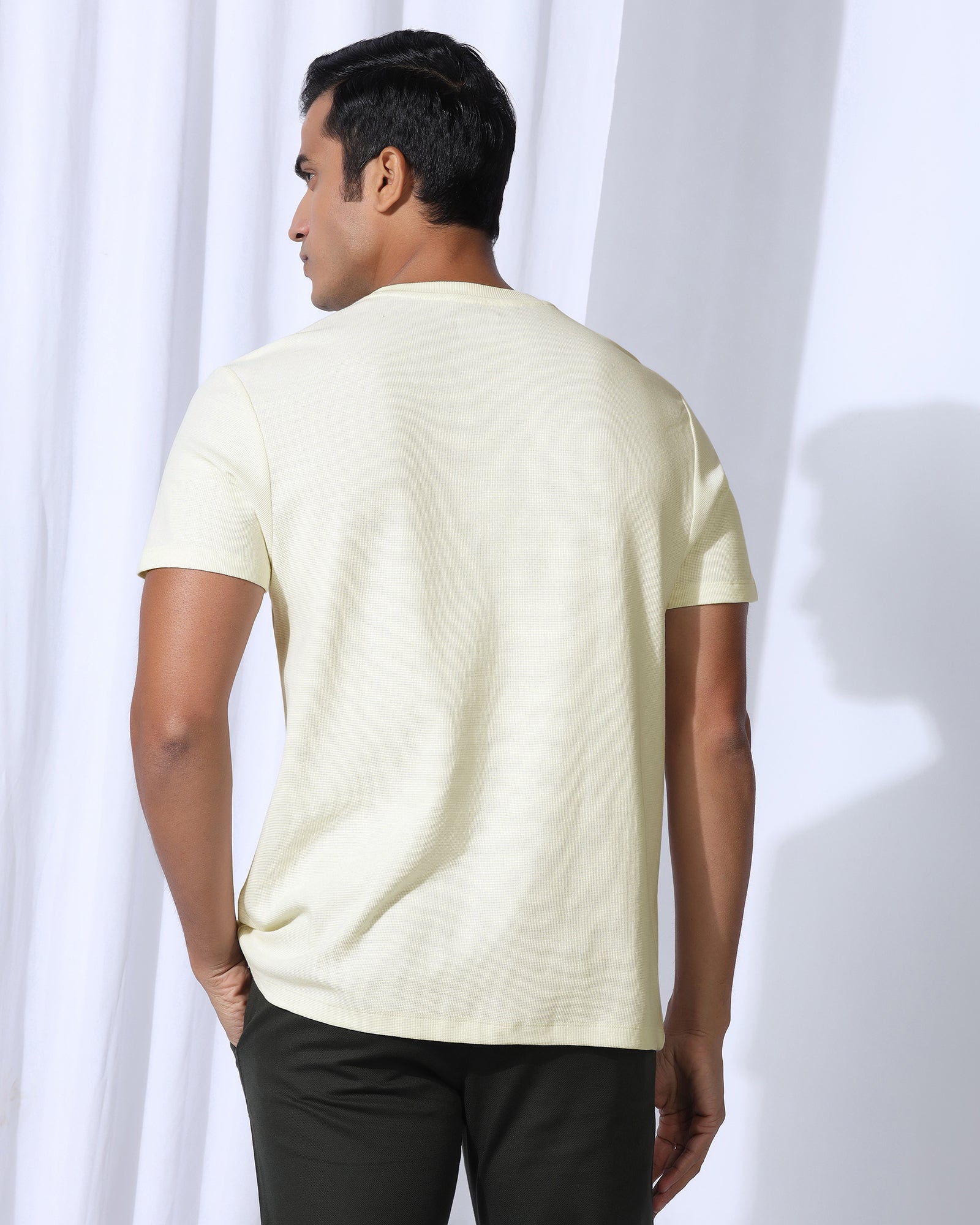 Henley Collar Powder Yellow Textured T-Shirt - Clark