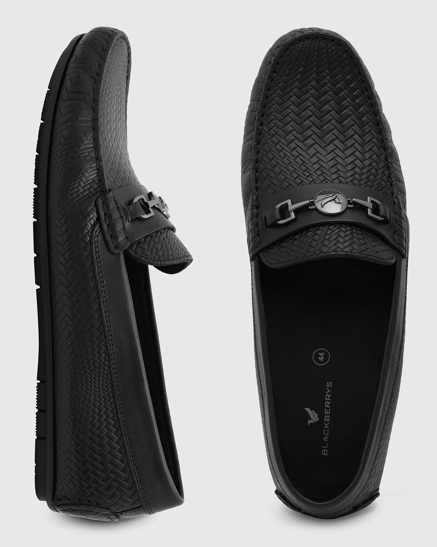Leather Casual Black Textured Loafers Shoes - Thread
