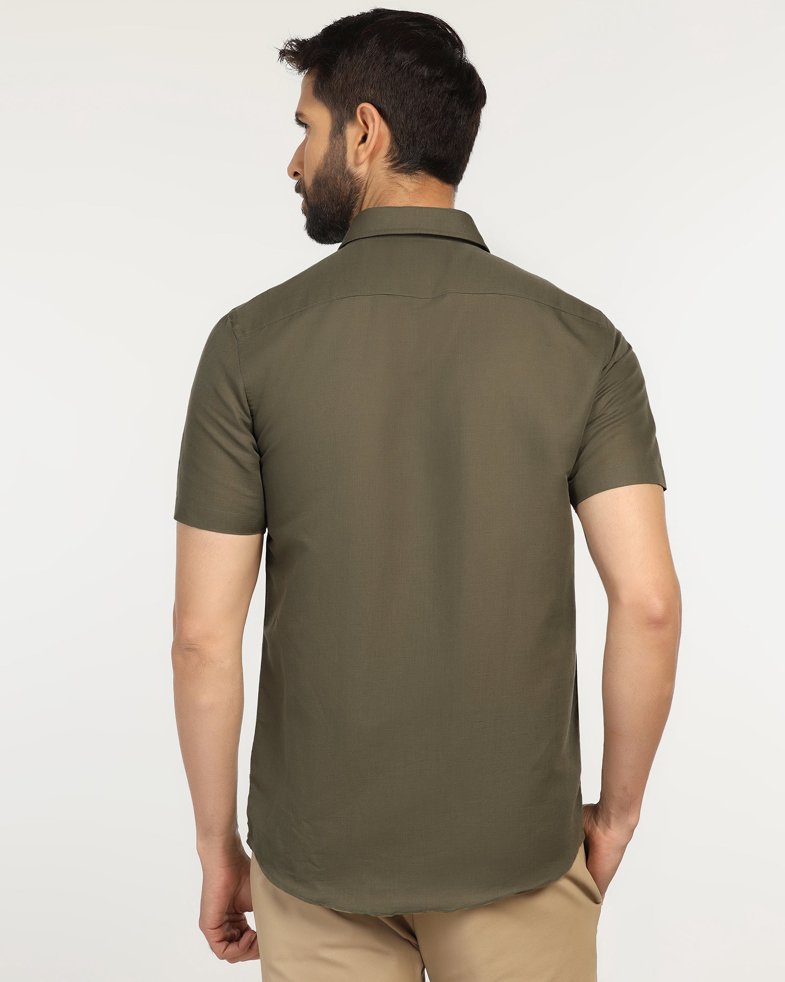 Linen Casual Half Sleeve Olive Solid Shirt - Salmon