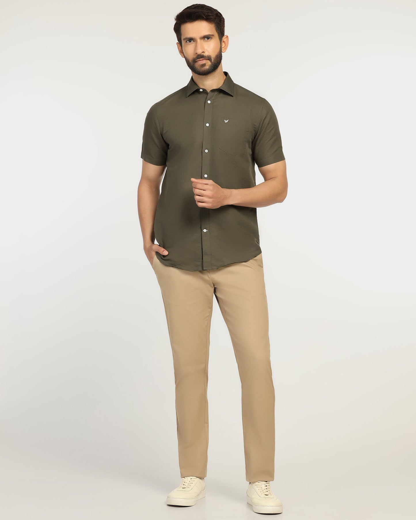 Linen Casual Half Sleeve Olive Solid Shirt - Salmon