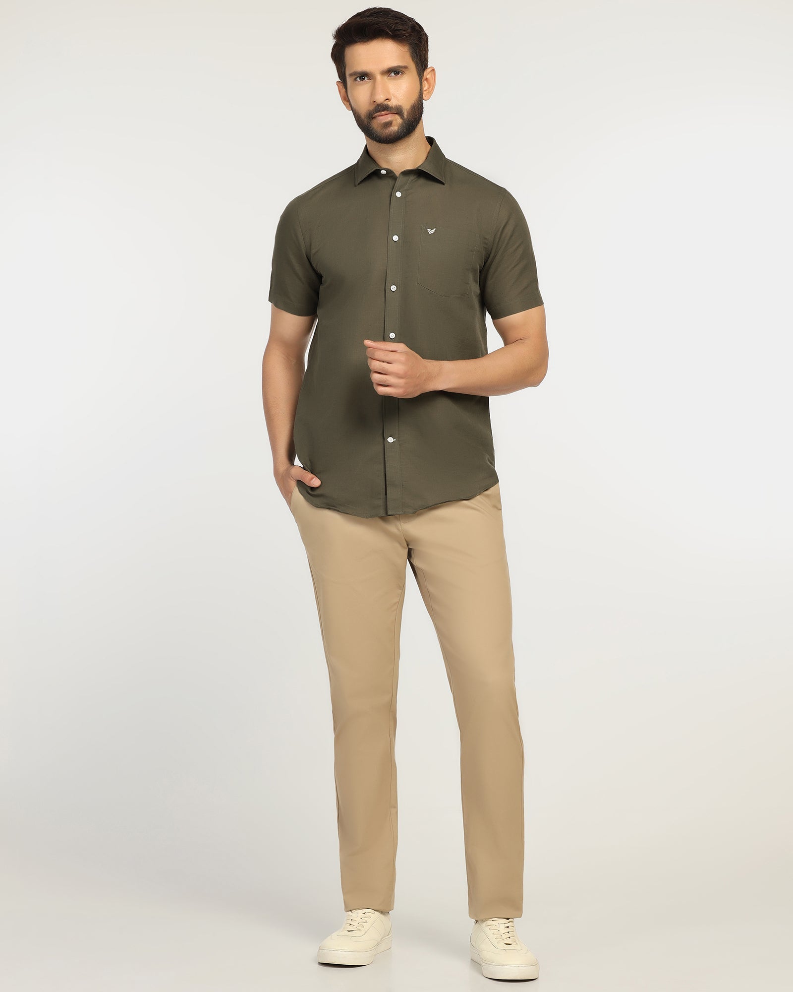 Linen Casual Half Sleeve Olive Solid Shirt - Salmon