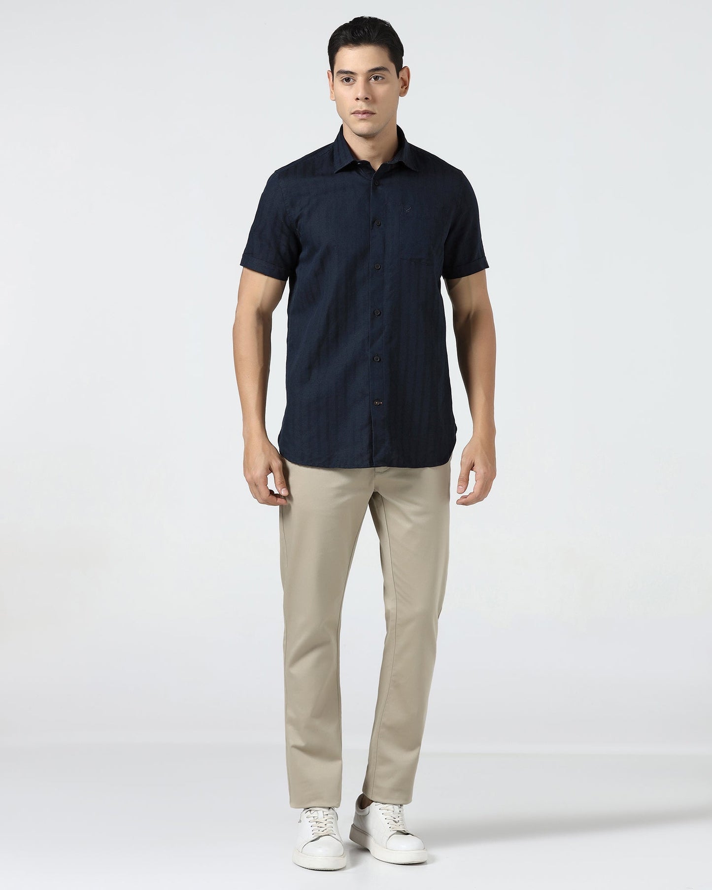 Navy Half Sleeve Linen Stripe Shirt - Sanhok