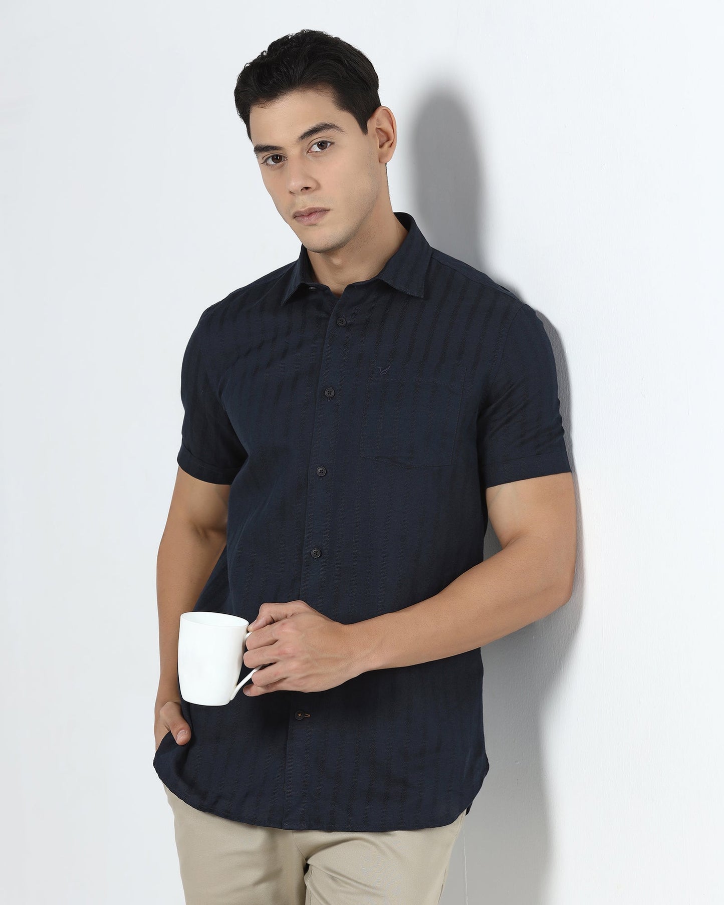 Navy Half Sleeve Linen Stripe Shirt - Sanhok