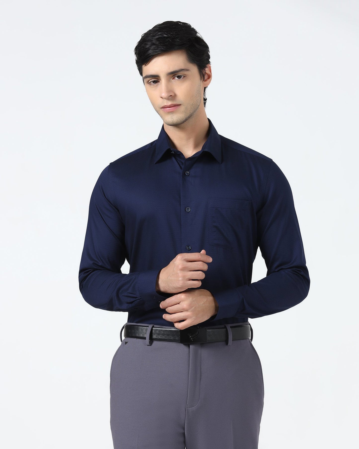 Navy Non Iron Textured Shirt - Emerald