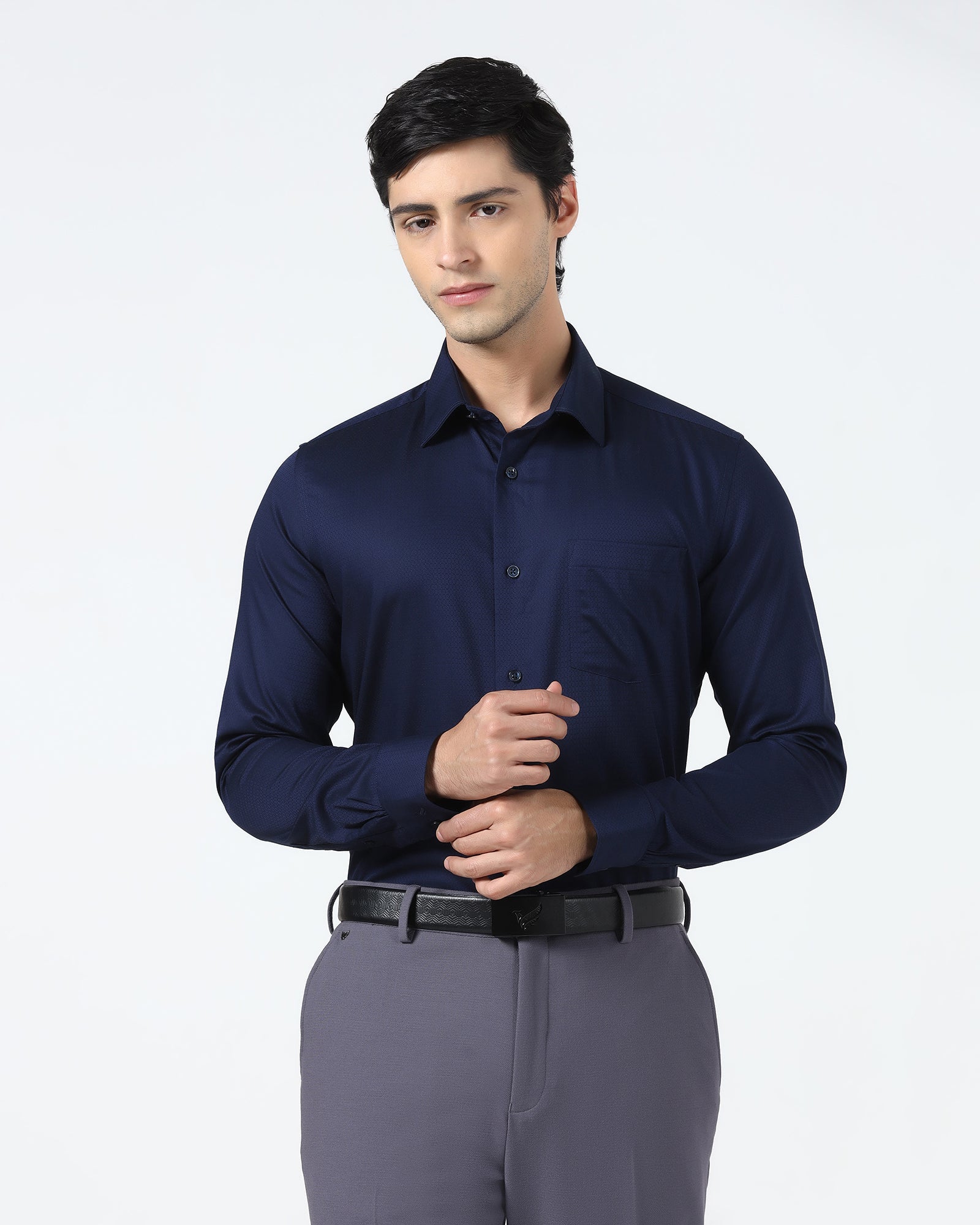 Navy Non Iron Textured Shirt - Emerald