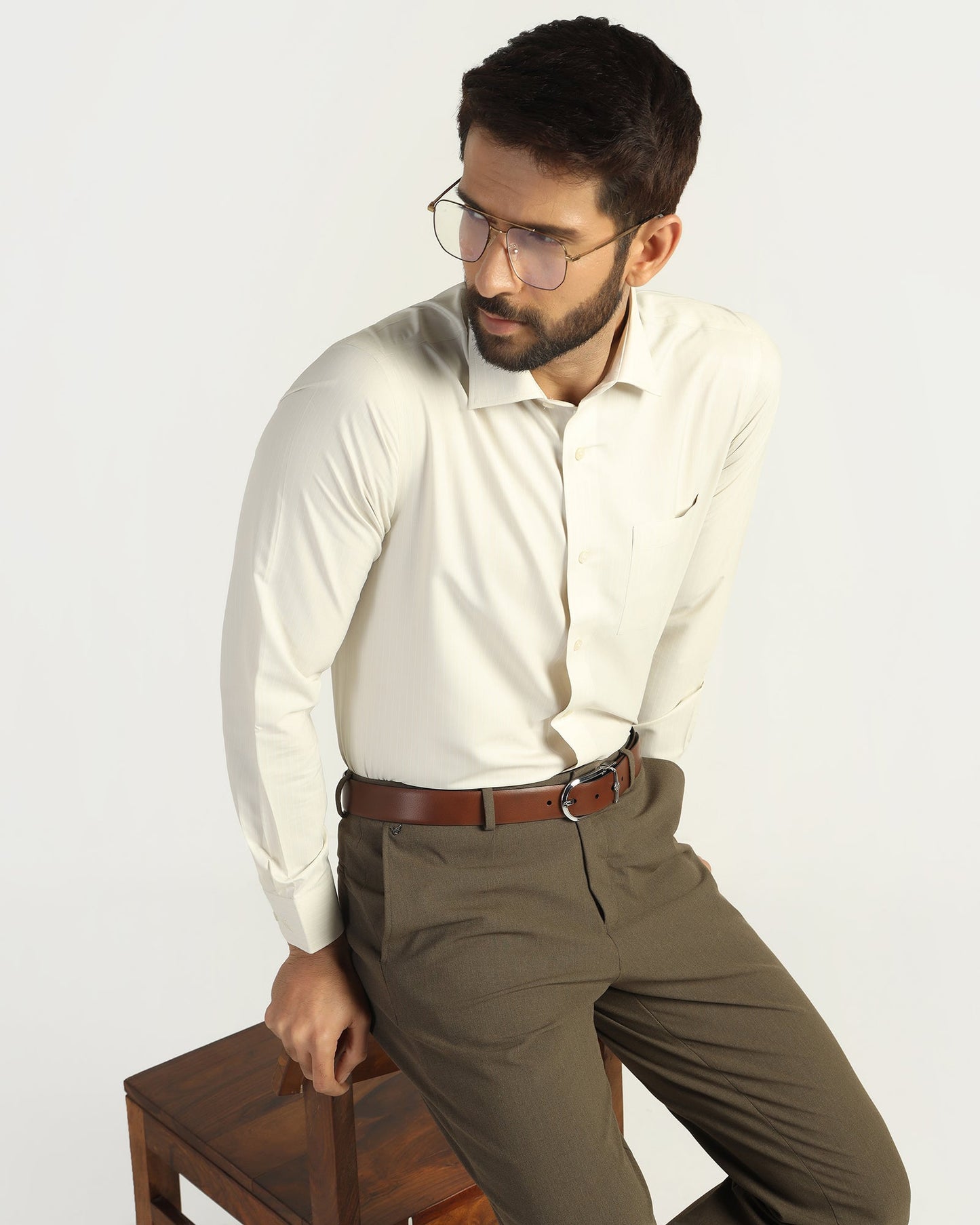 Non Iron Formal Beige Stripe Shirt - Wagon