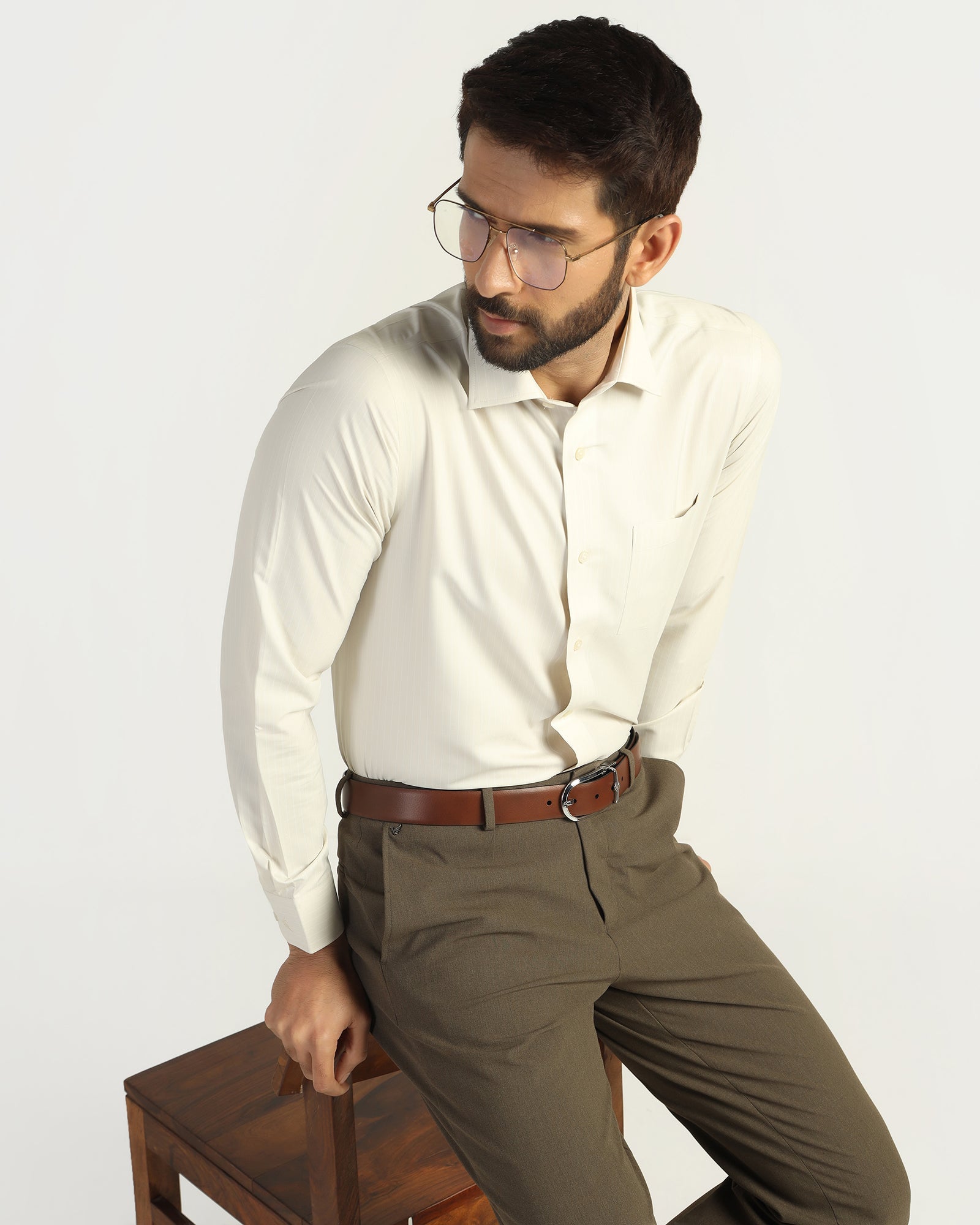 Non Iron Formal Beige Stripe Shirt - Wagon