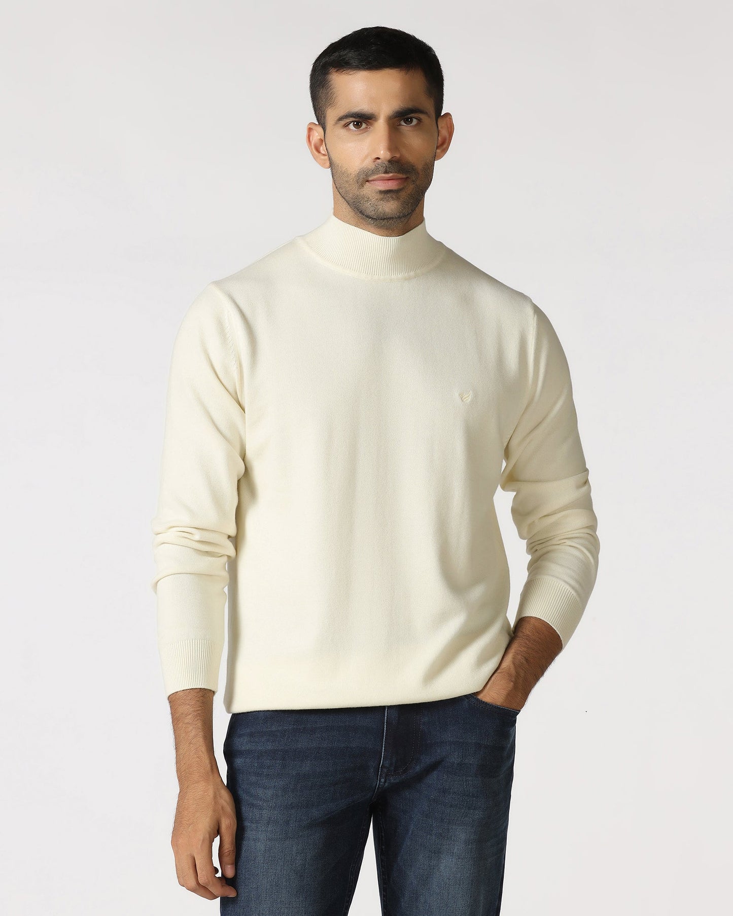 Off White High Neck Solid Sweatshirt - Papa