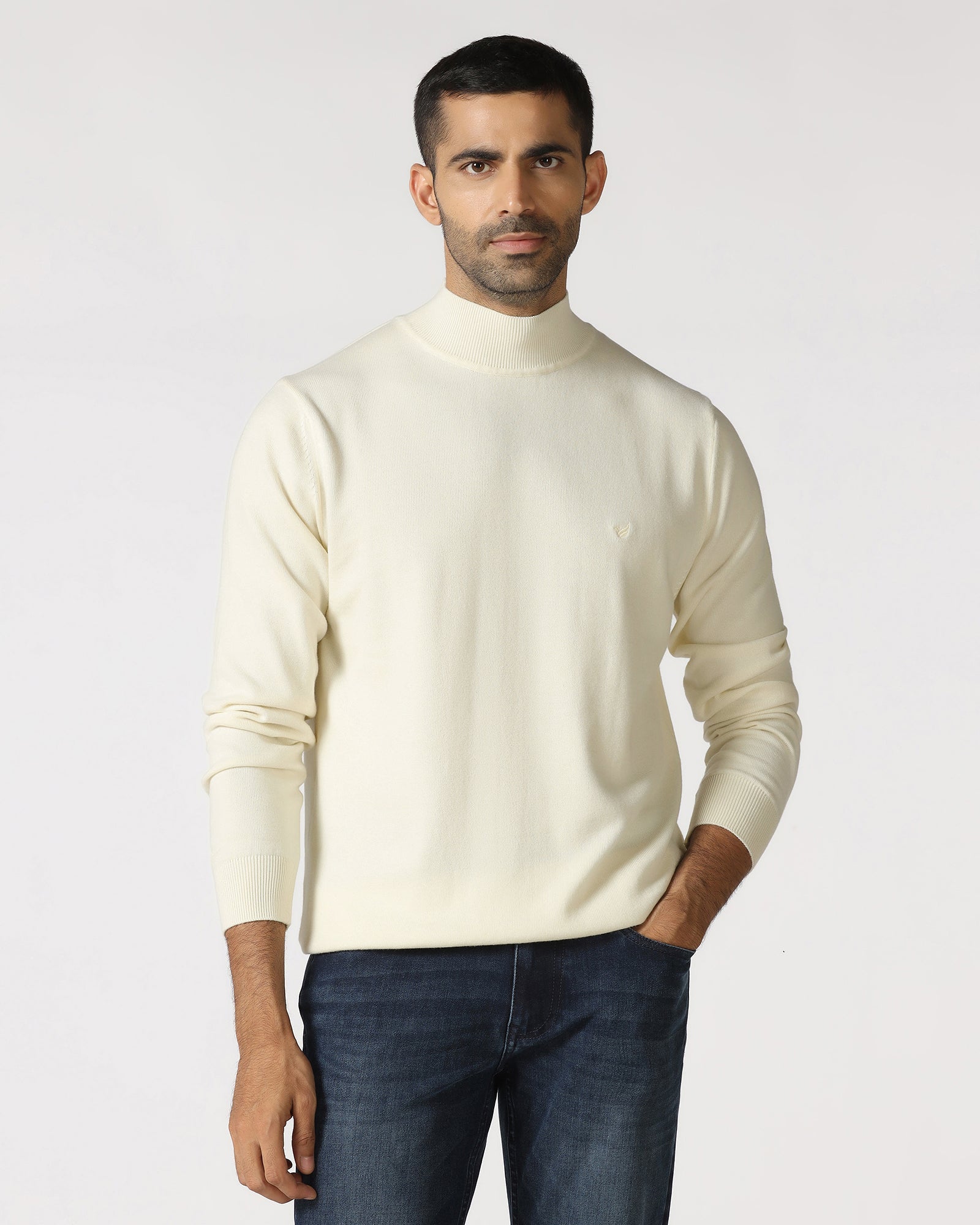 Off White High Neck Solid Sweatshirt - Papa