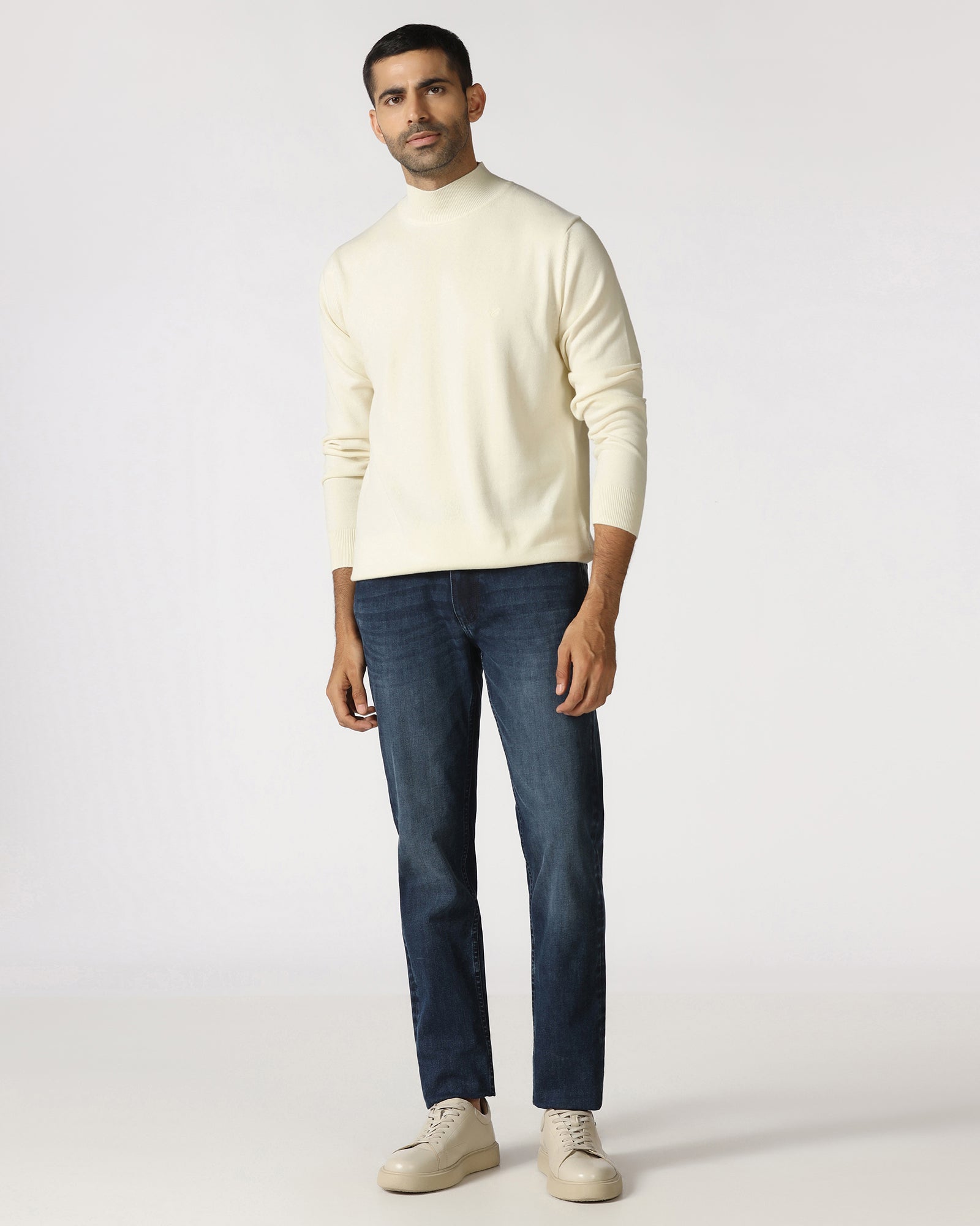 Off White High Neck Solid Sweatshirt - Papa