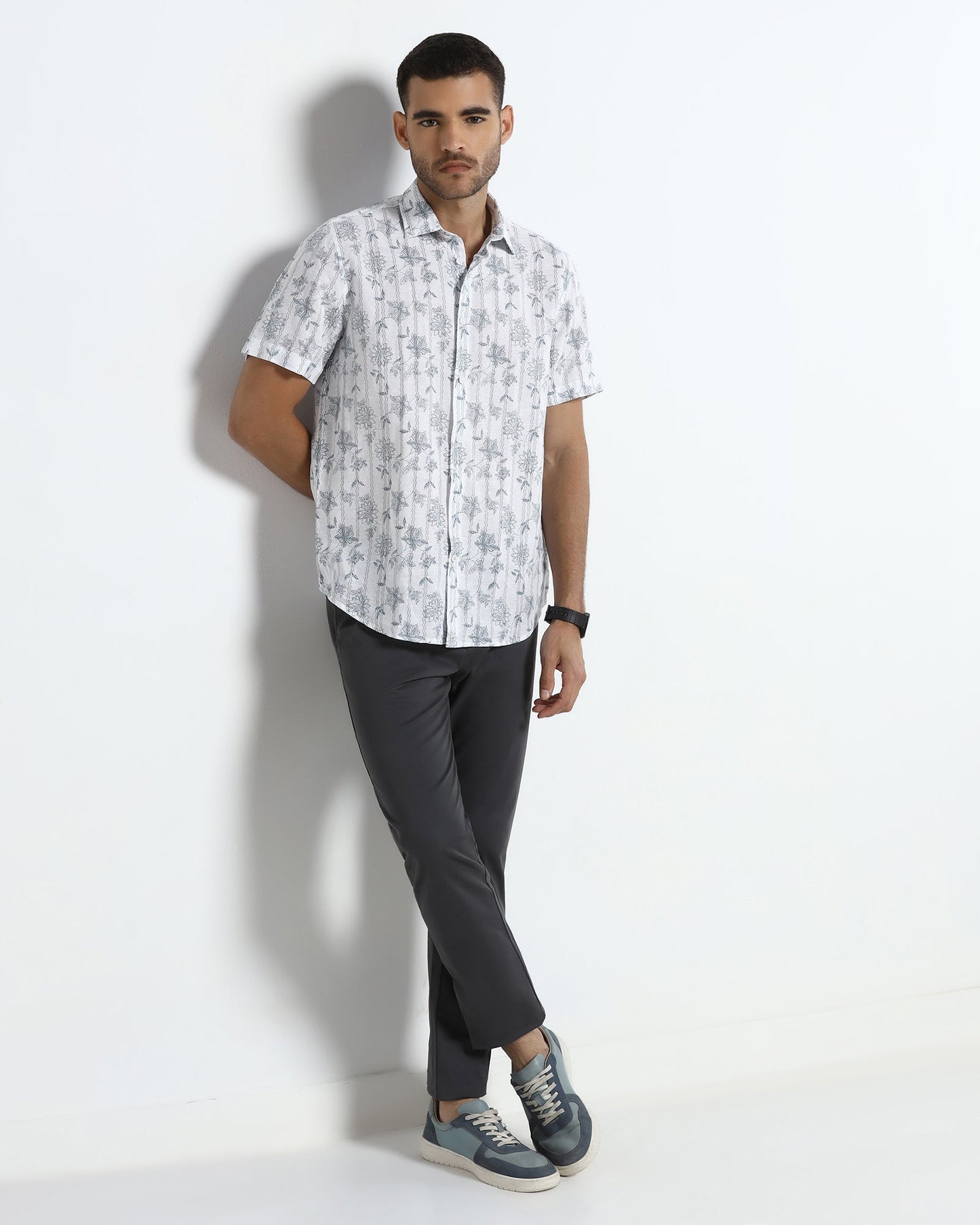 Off White Half Sleeve Linen Printed Shirt - Alvino