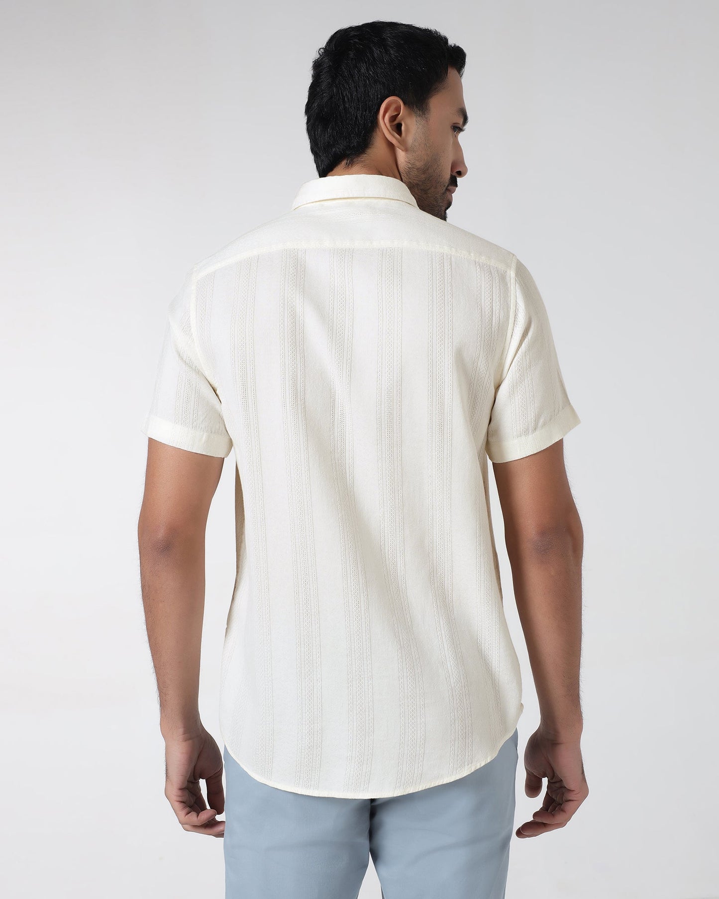Off White Half Sleeve Textured Shirt - Lambo