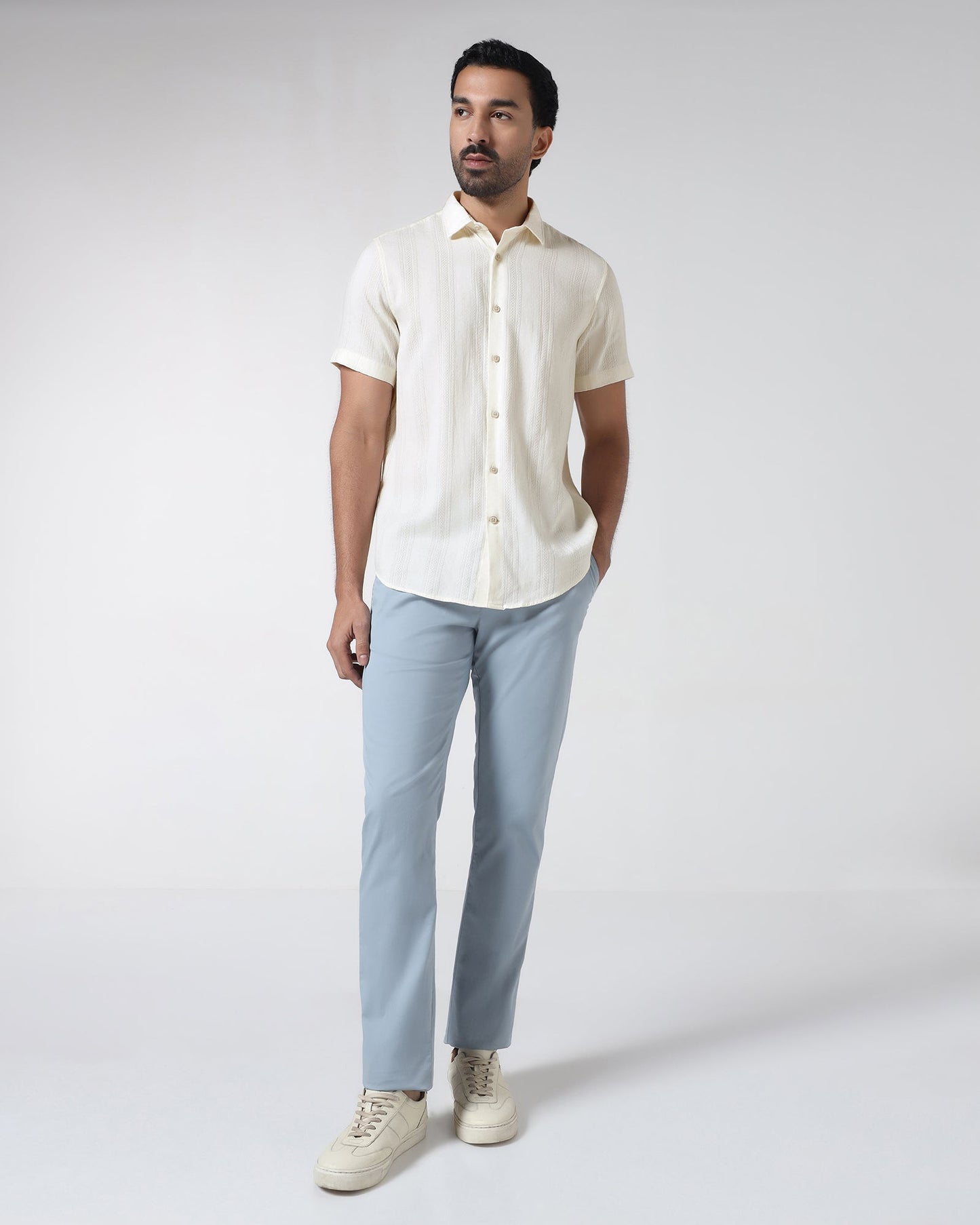 Off White Half Sleeve Textured Shirt - Lambo