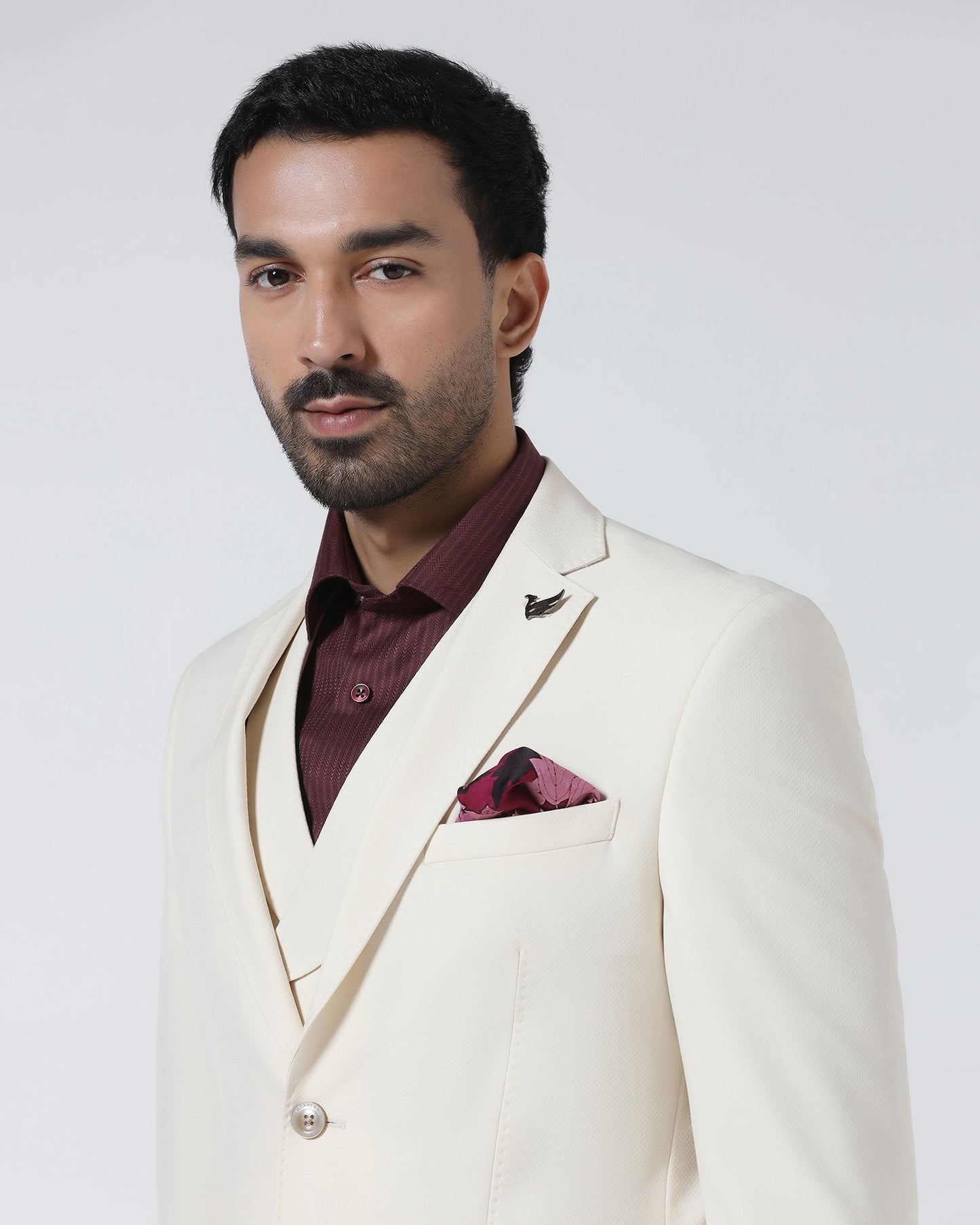 Off White Three Piece Textured Suit - Jiddle