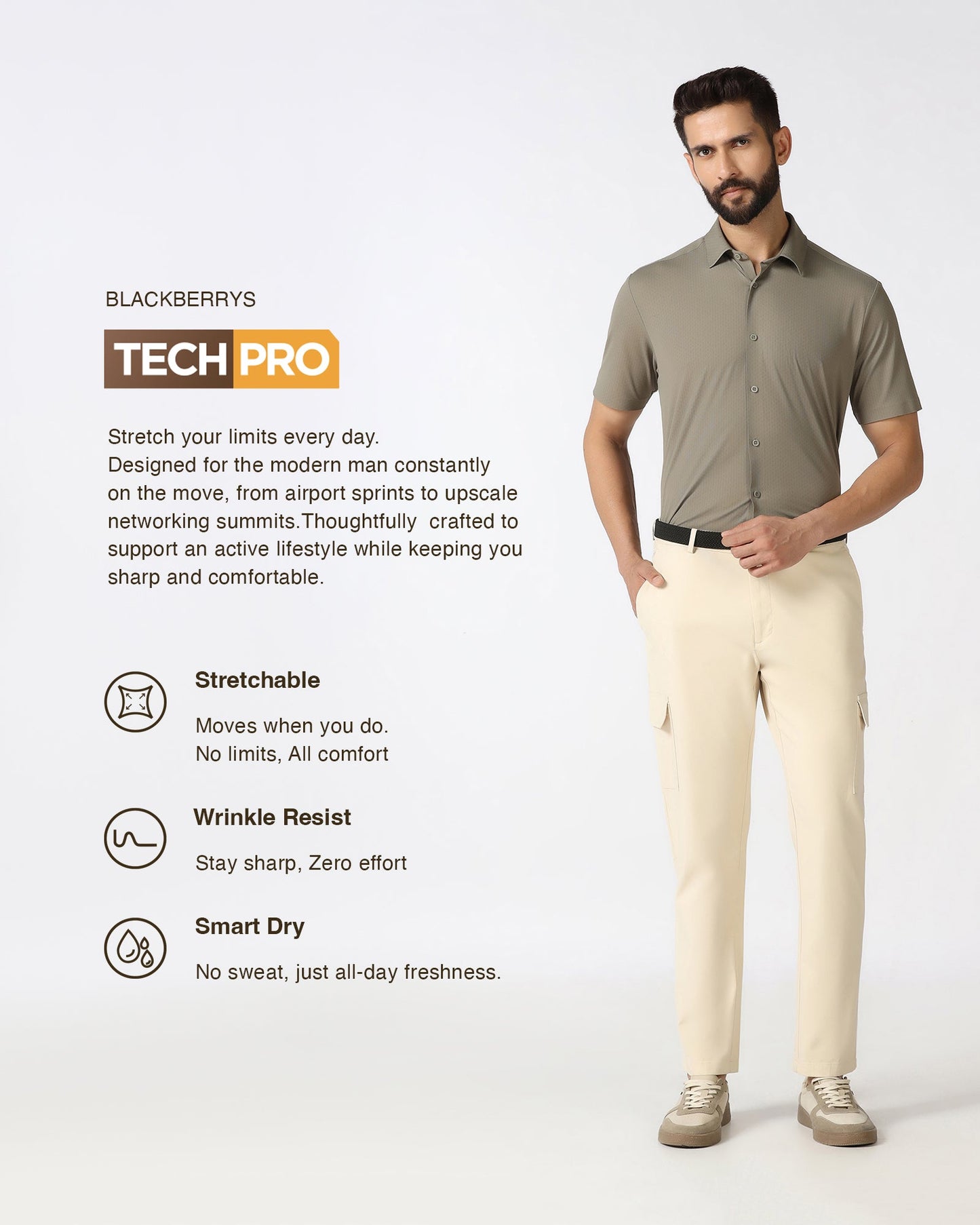 Olive Half Sleeve TechPro Textured Shirt - Hurton