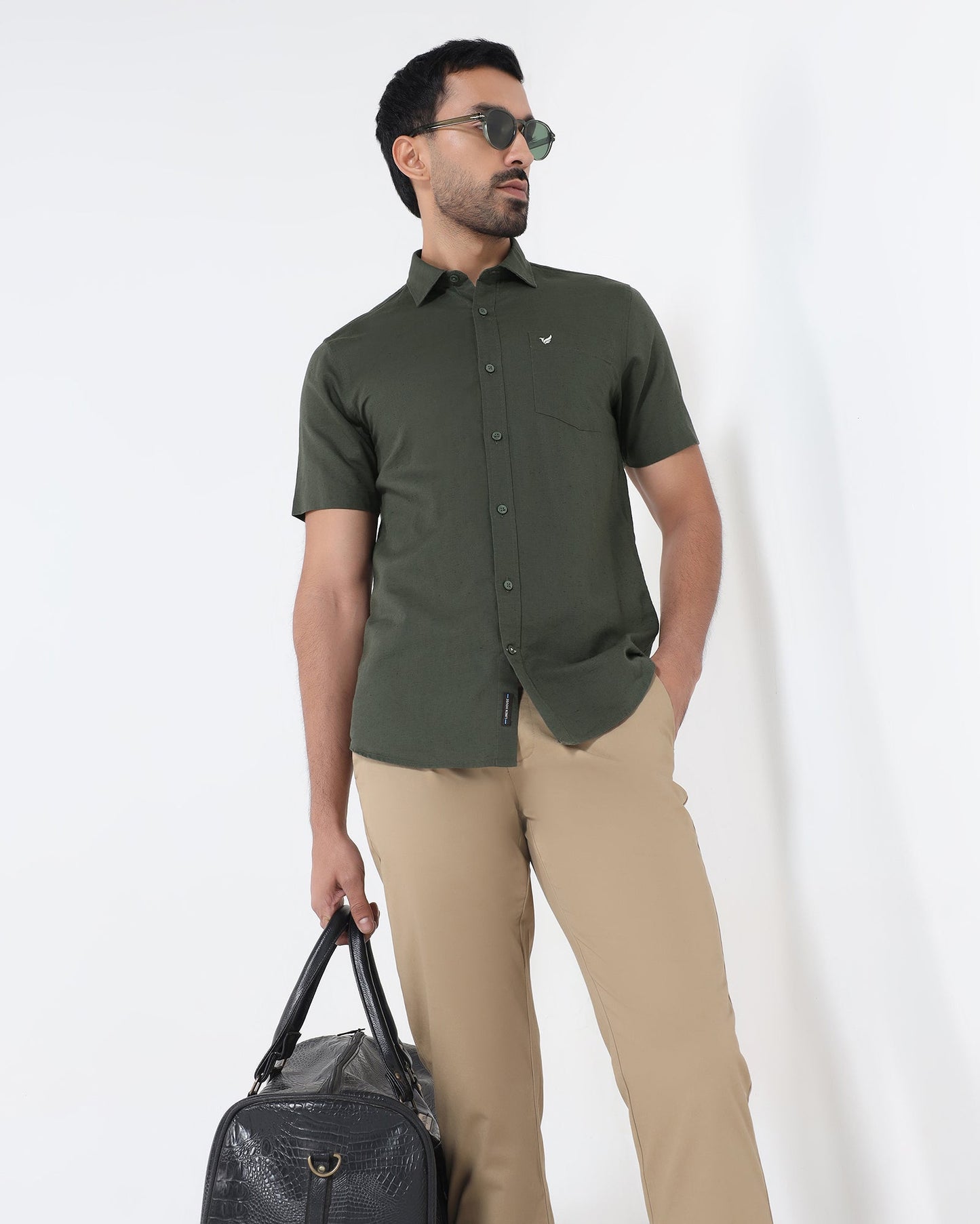 Olive Half Sleeve Linen Solid Shirt - Cleo