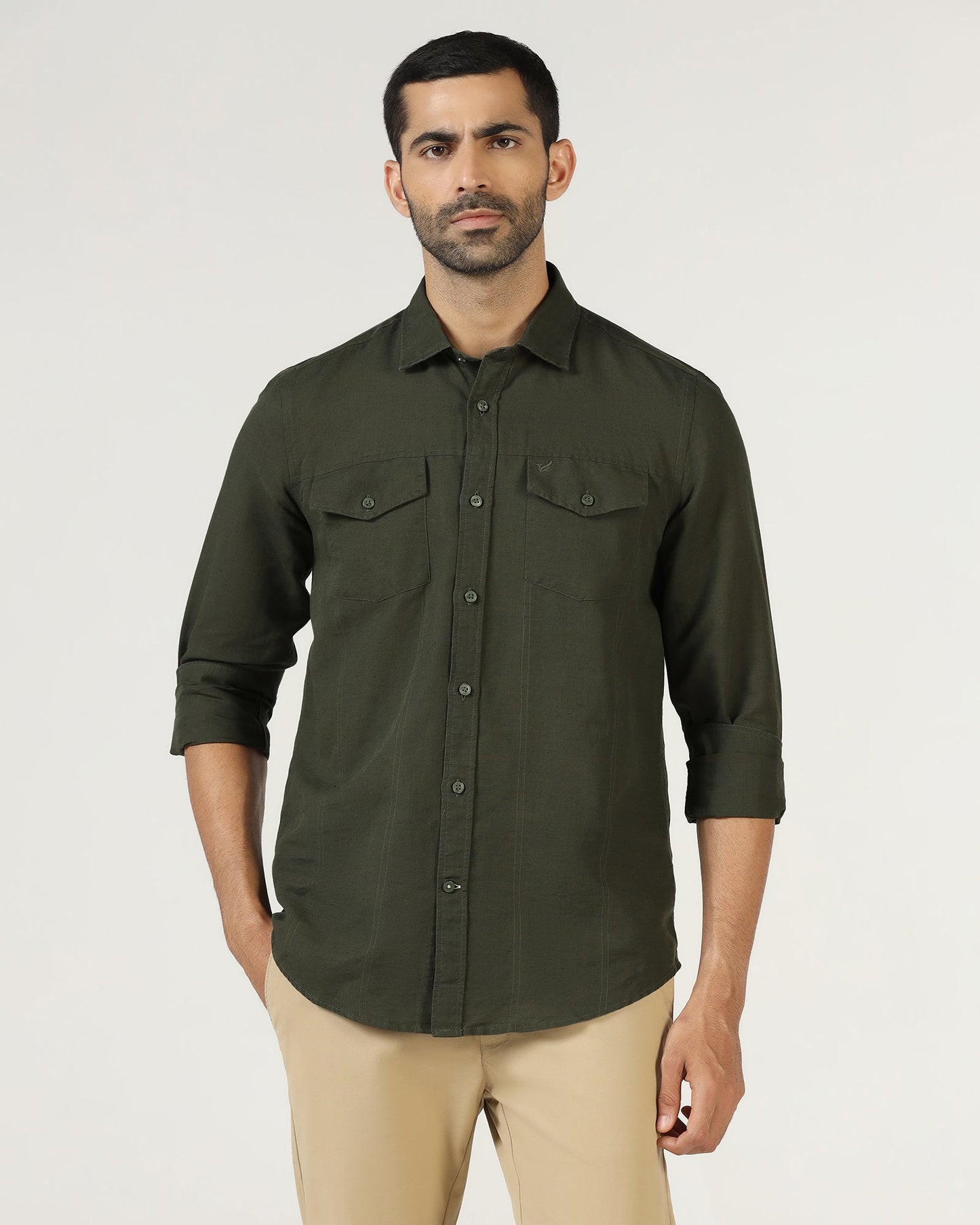 Olive Linen Solid Shirt - Konrad