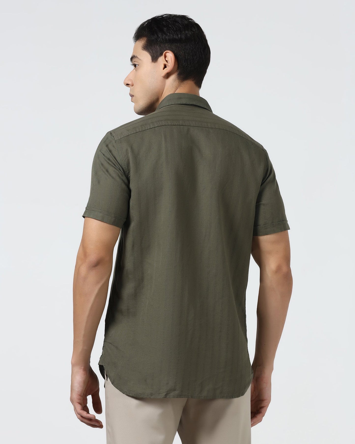 Olive Half Sleeve Linen Stripe Shirt - Sanhok
