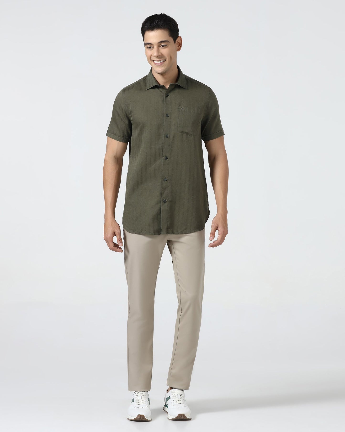 Olive Half Sleeve Linen Stripe Shirt - Sanhok