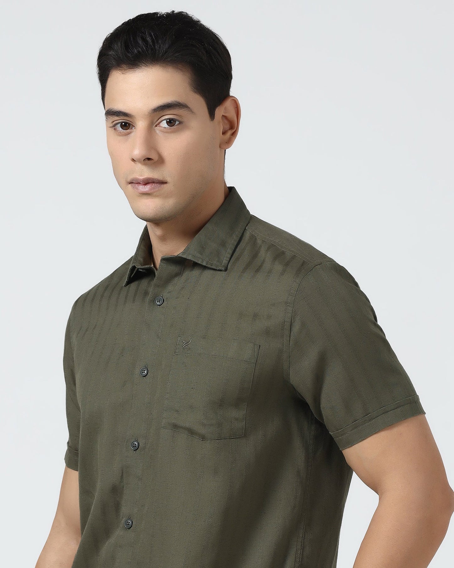 Olive Half Sleeve Linen Stripe Shirt - Sanhok