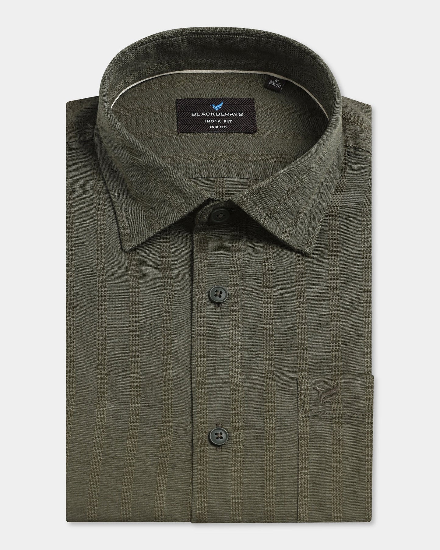 Olive Half Sleeve Linen Stripe Shirt - Sanhok