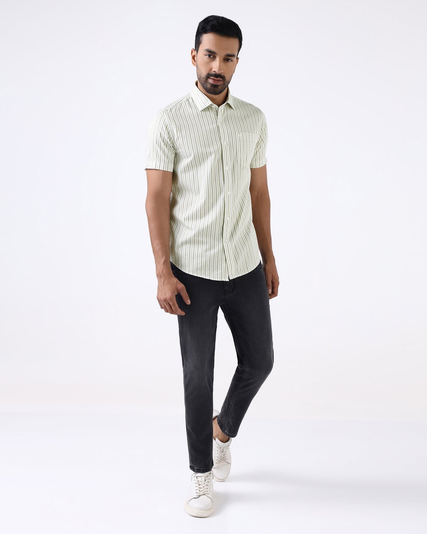 Olive Half Sleeve Stripe Shirt - Redot