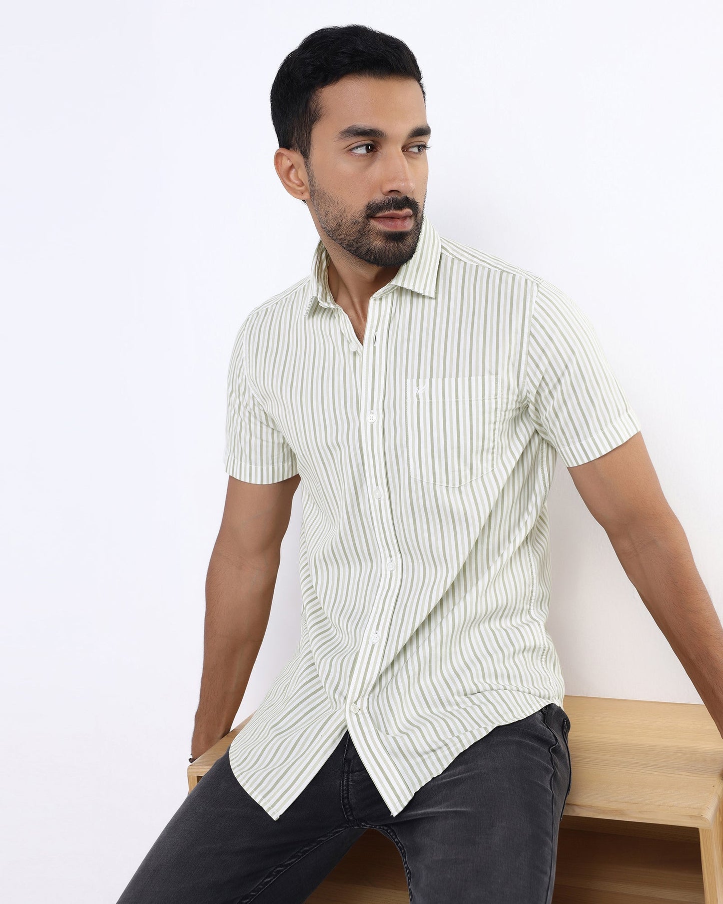 Olive Half Sleeve Stripe Shirt - Redot