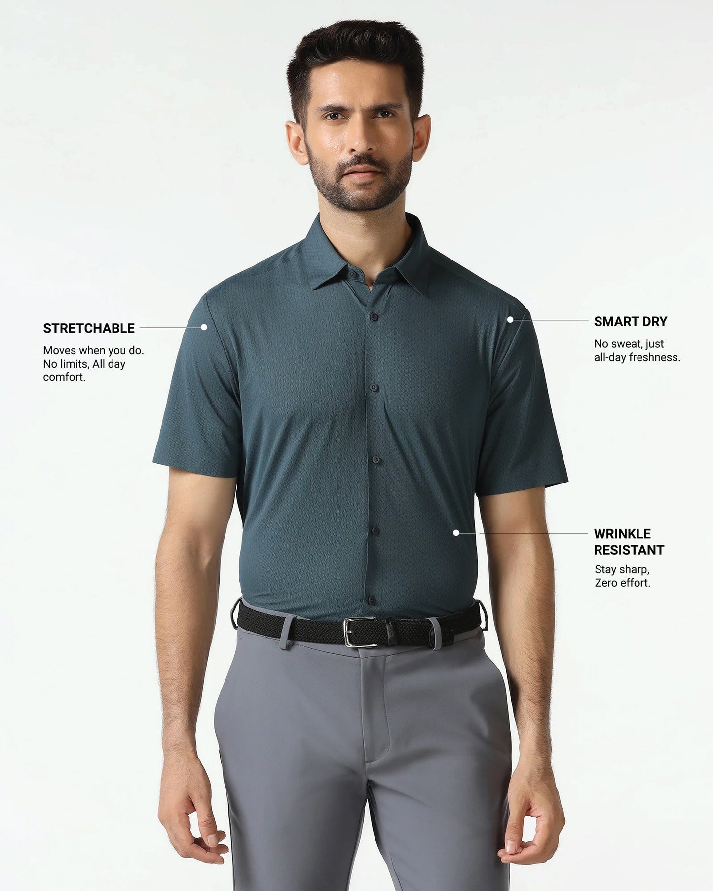 Petrol Blue Half Sleeve Techpro Textured Shirt - Hurton
