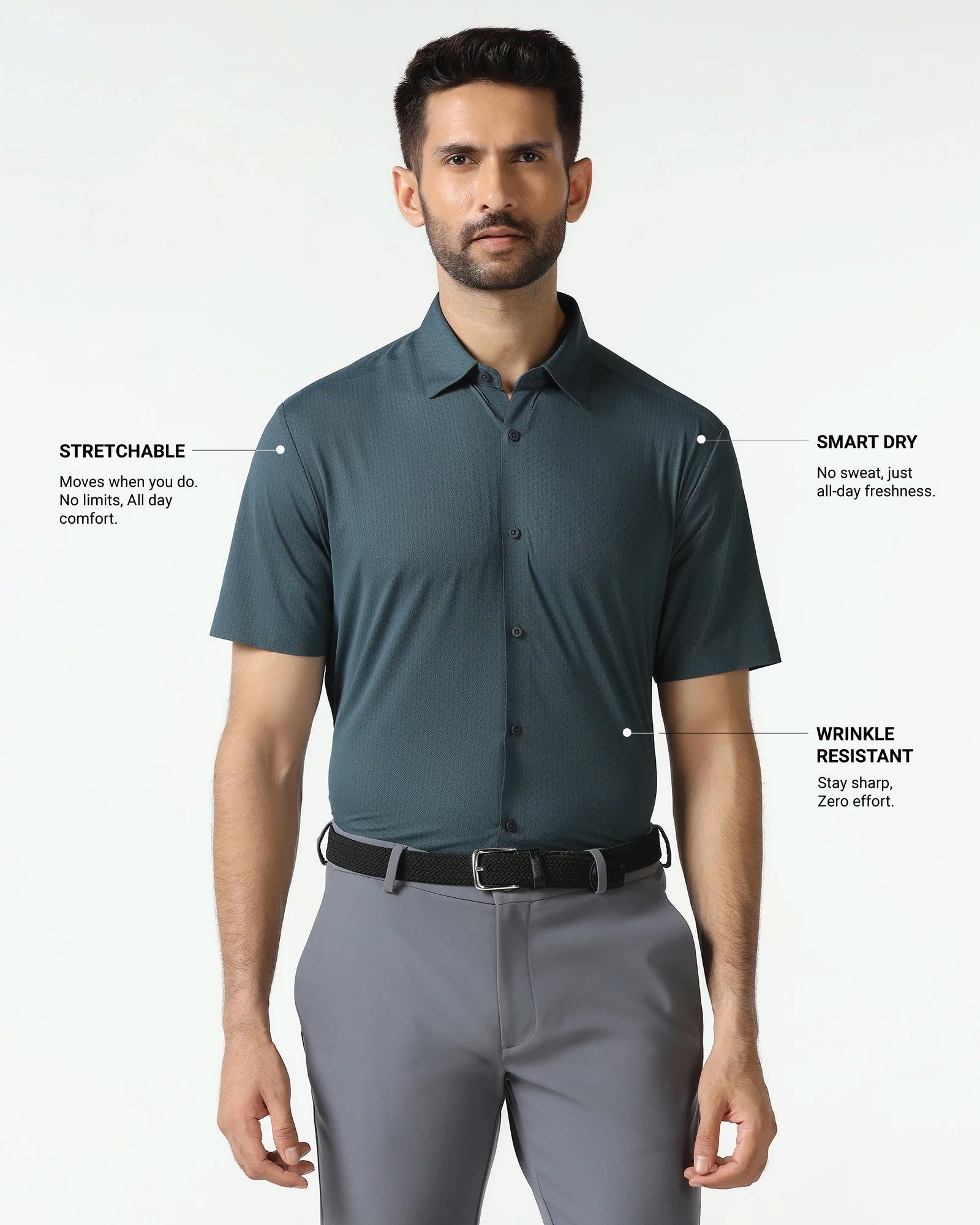 Petrol Blue Half Sleeve Techpro Textured Shirt - Hurton