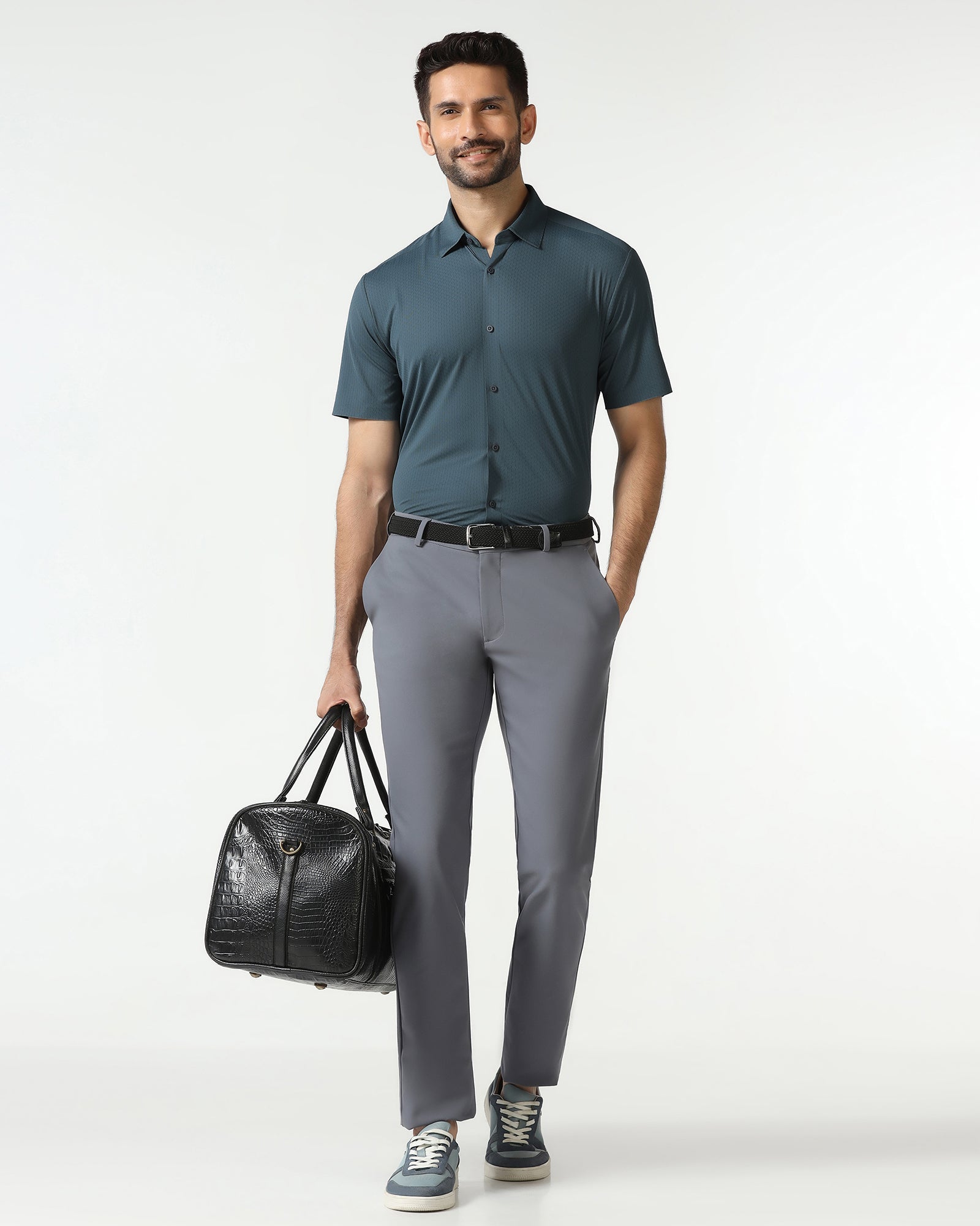 Petrol Blue Half Sleeve Techpro Textured Shirt - Hurton