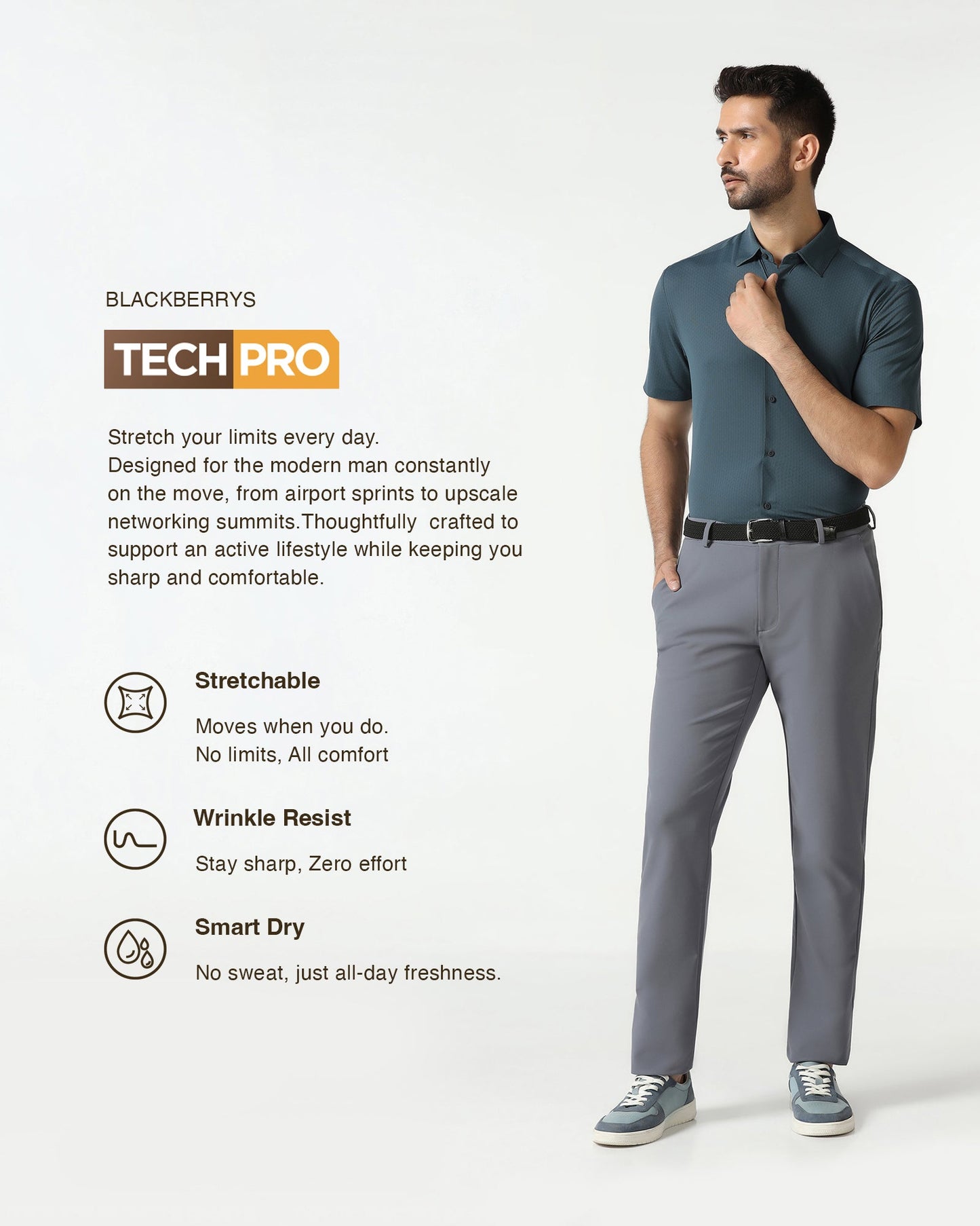 Petrol Blue Half Sleeve TechPro Textured Shirt - Hurton