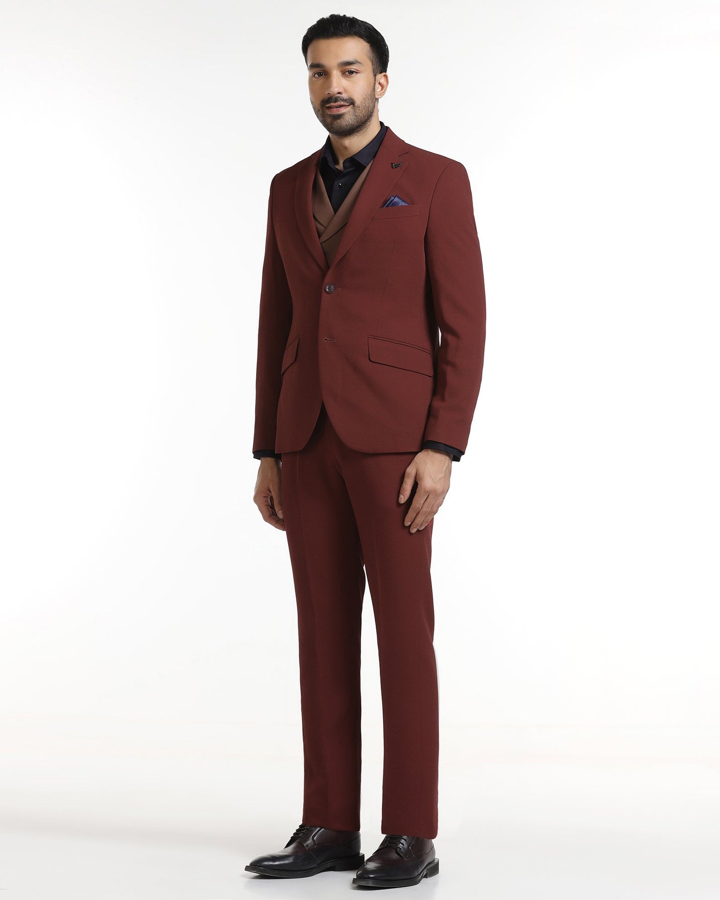Rust Three Piece Textured Suit - Gioni