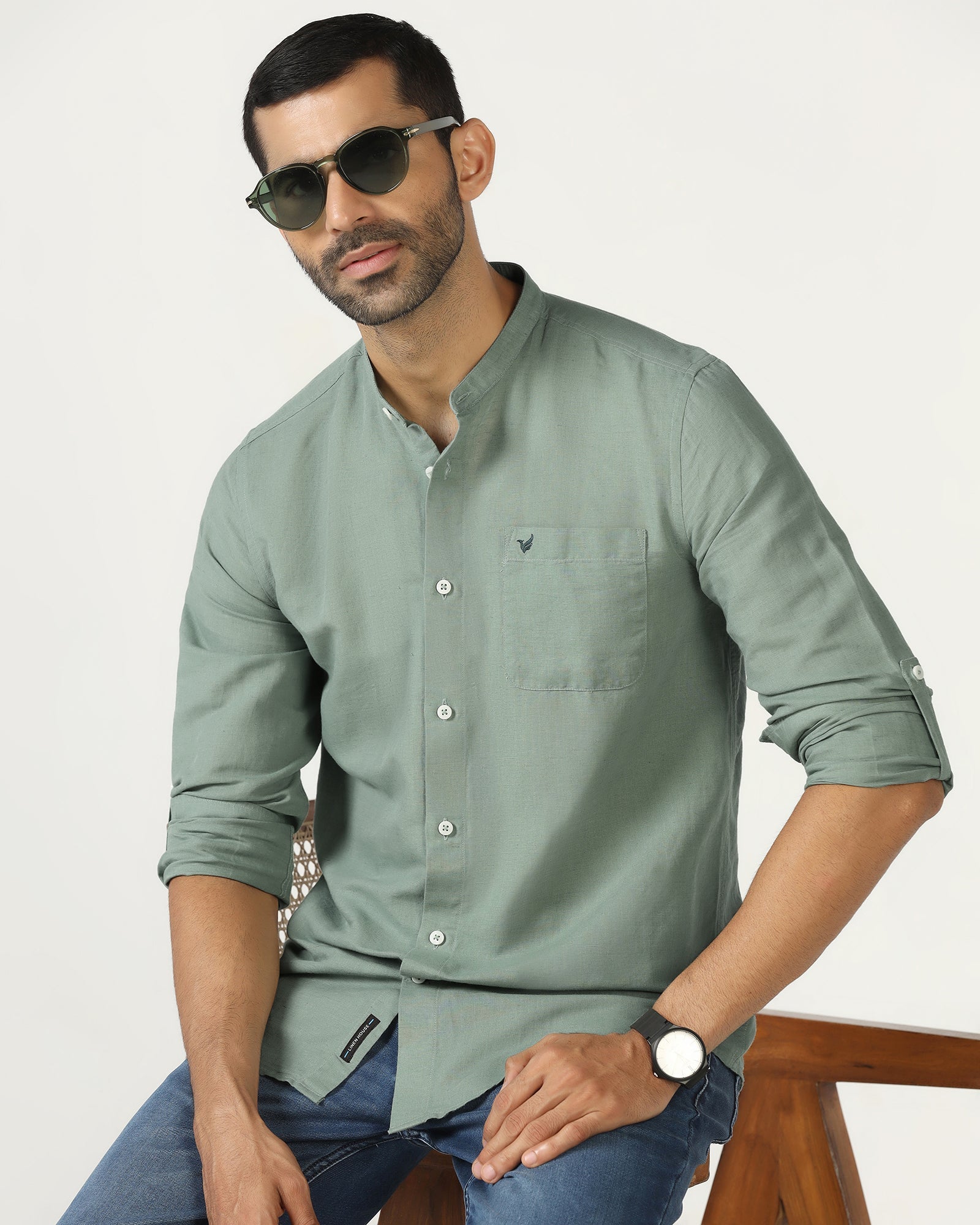 Sage Green Linen Solid Shirt - Salmon