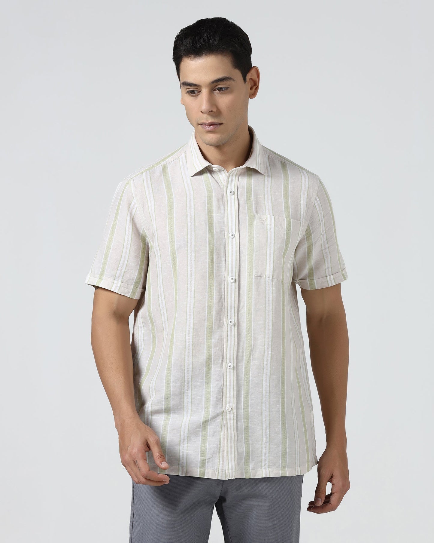 Sage Green Half Sleeve Linen Stripe Shirt - Junel