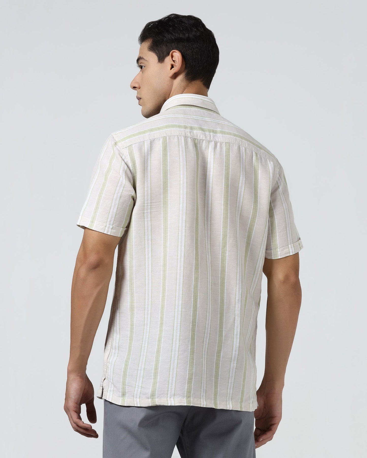 Sage Green Half Sleeve Linen Stripe Shirt - Junel
