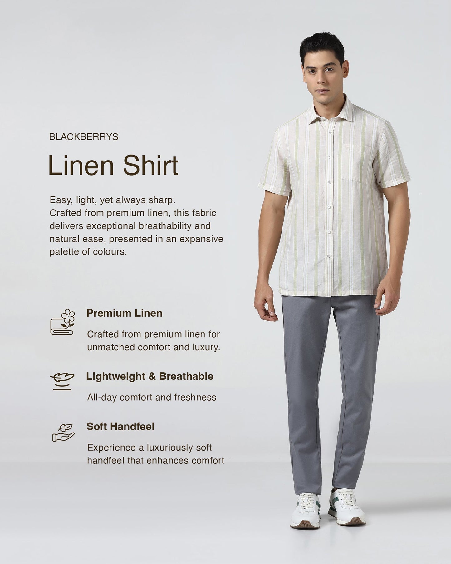 Sage Green Half Sleeve Linen Stripe Shirt - Junel