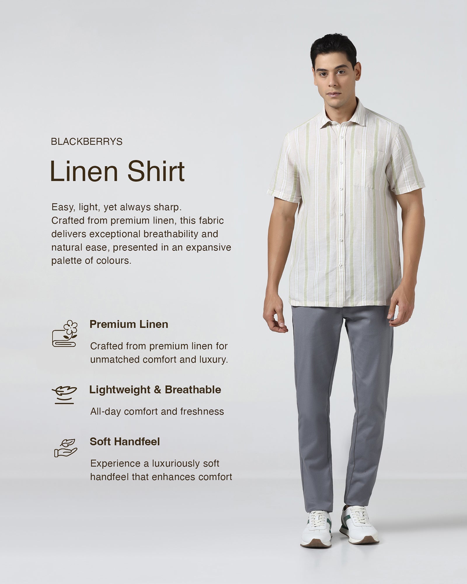 Sage Green Half Sleeve Linen Stripe Shirt - Junel