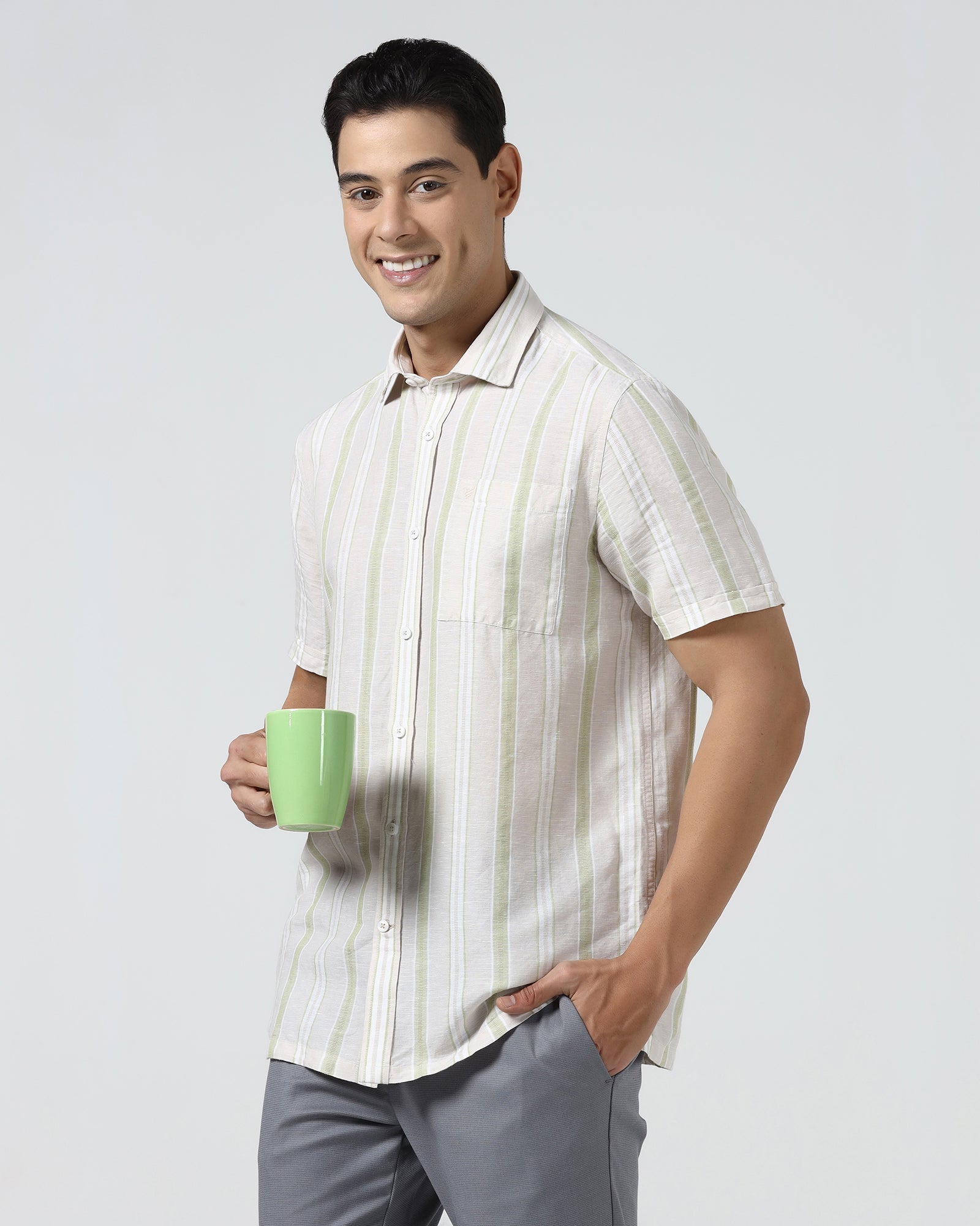 Sage Green Half Sleeve Linen Stripe Shirt - Junel