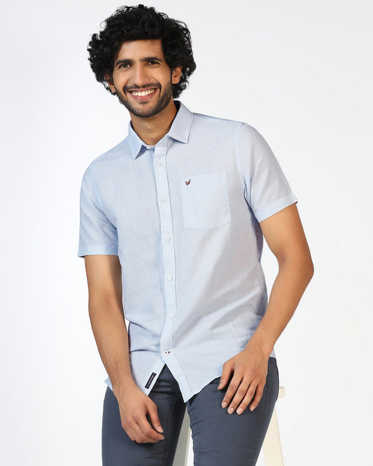 Sky Blue Half Sleeve Linen Solid Shirt - Salmon