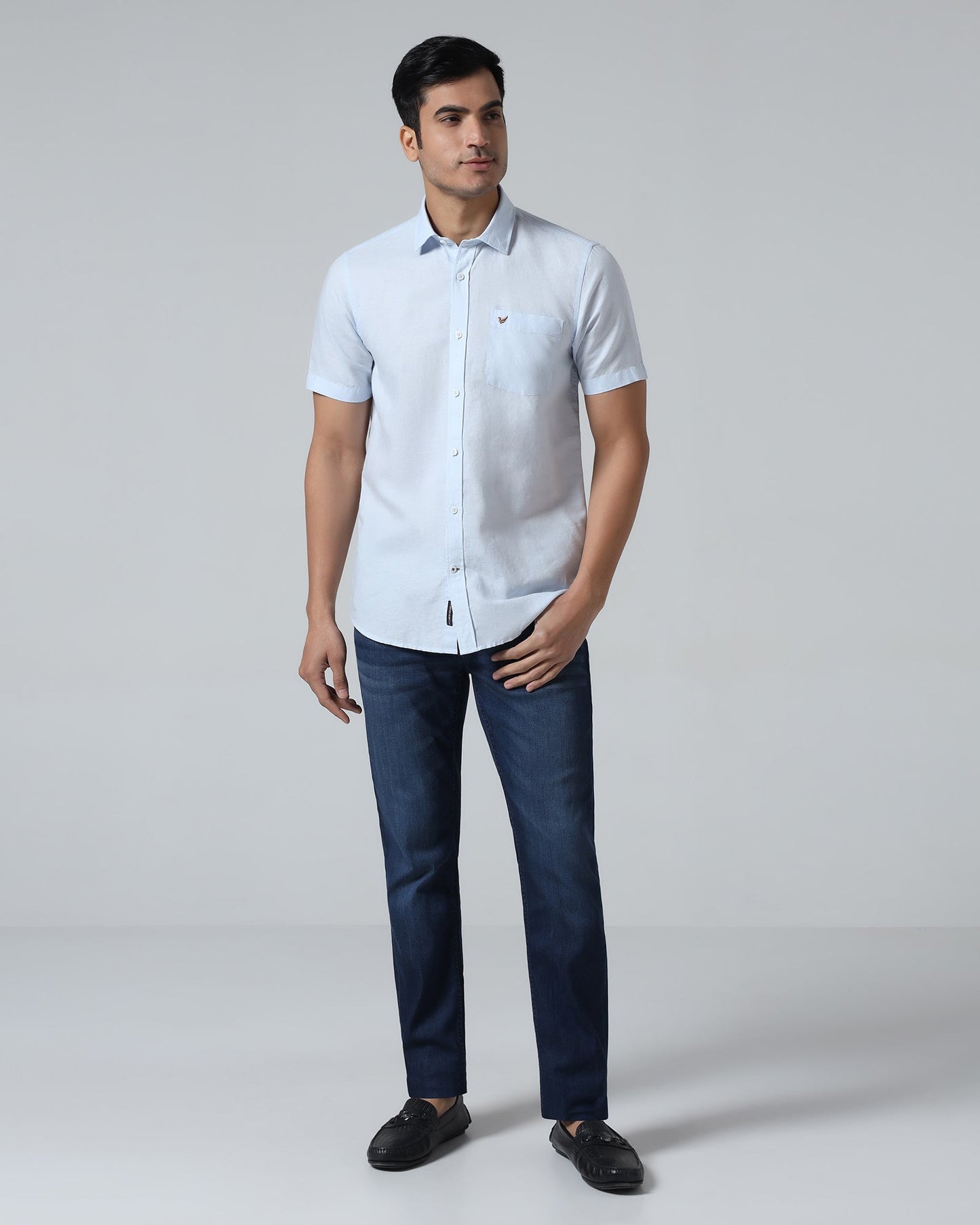 Sky Blue Half Sleeve Linen Solid Shirt - Cleo