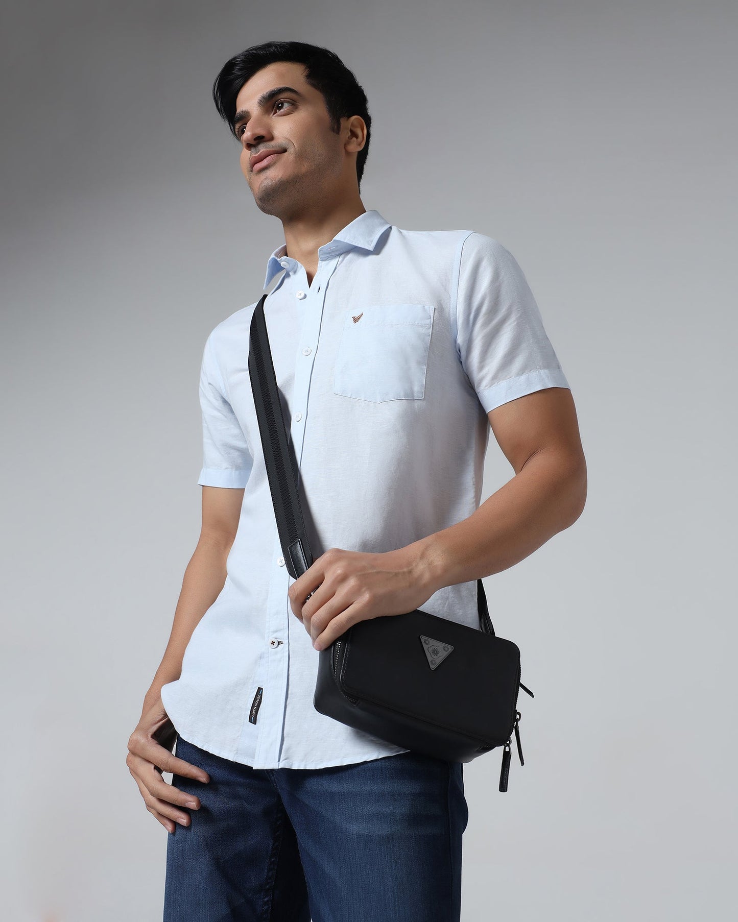 Sky Blue Half Sleeve Linen Solid Shirt - Cleo