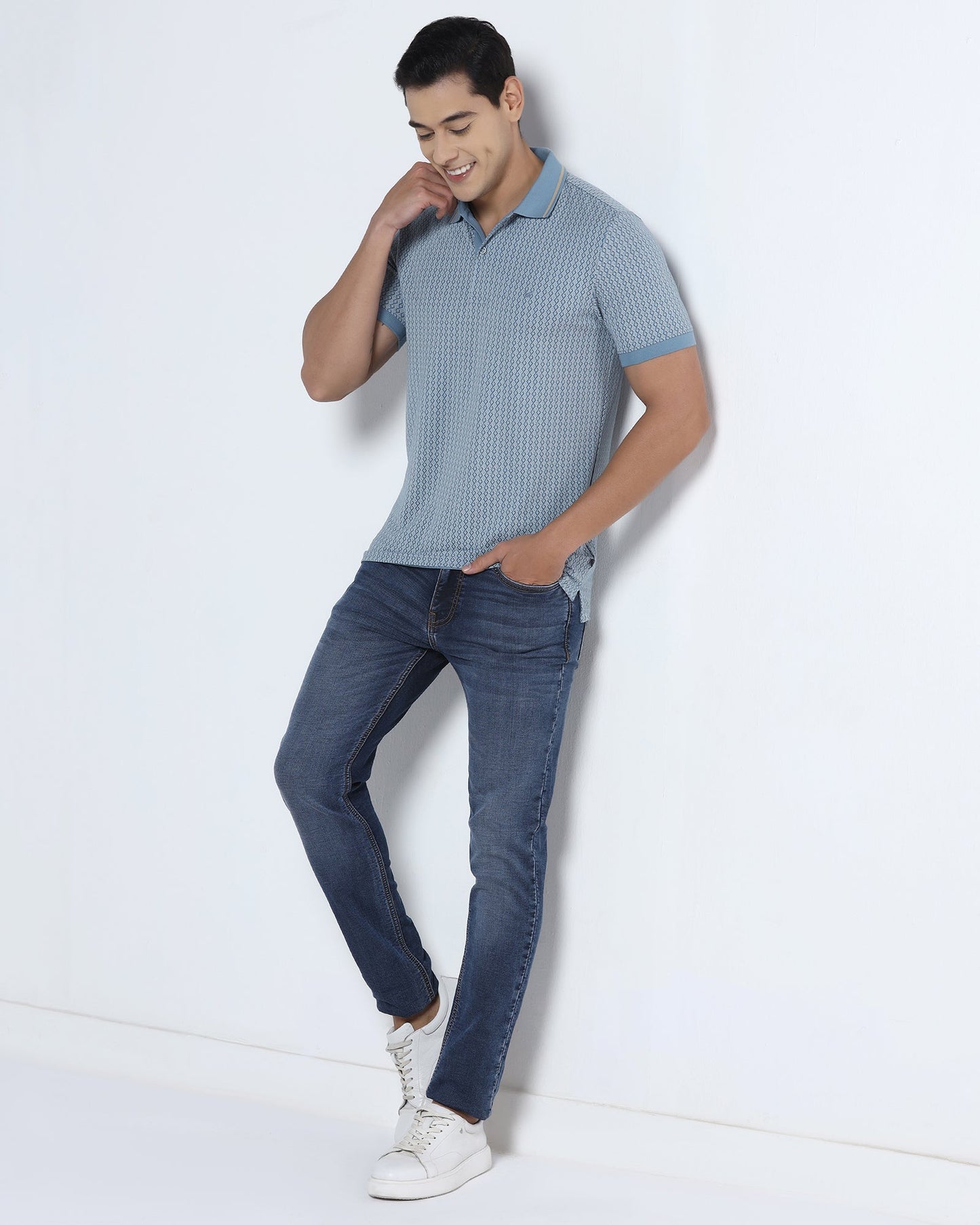 Steel Blue Printed Polo - Mini