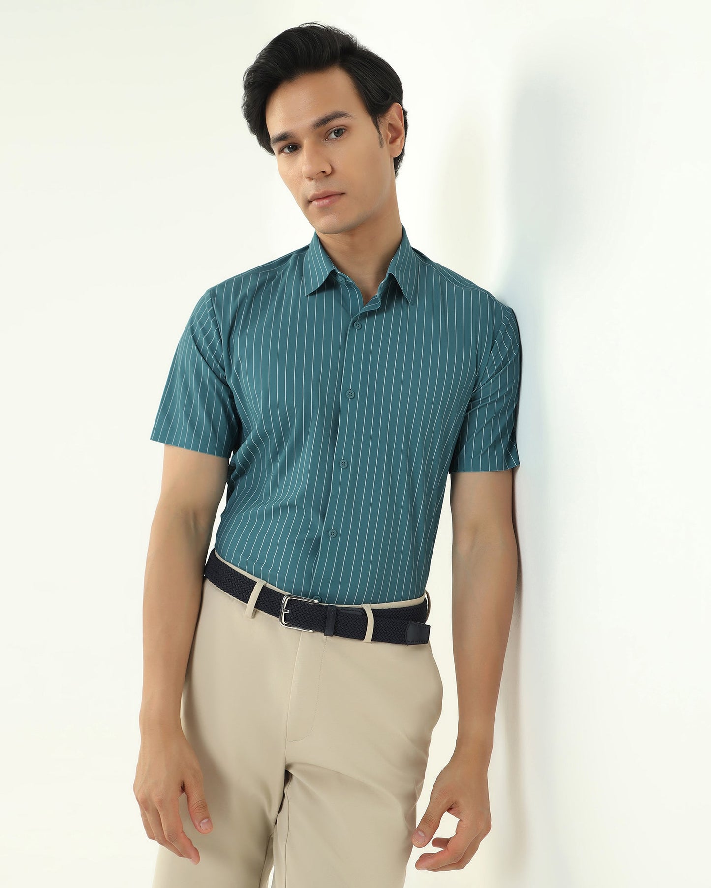TechPro Formal Half Sleeve Green Stripe Shirt - Dickins