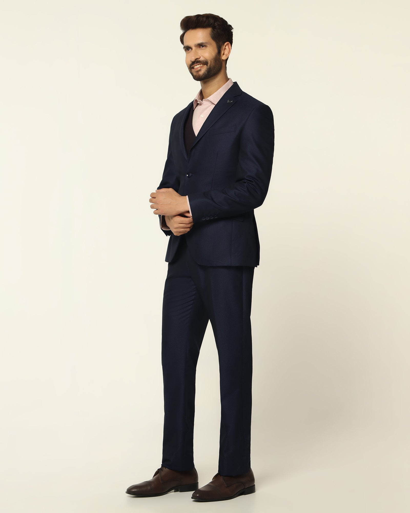 Three Piece Navy Textured Formal Suit - Rayner