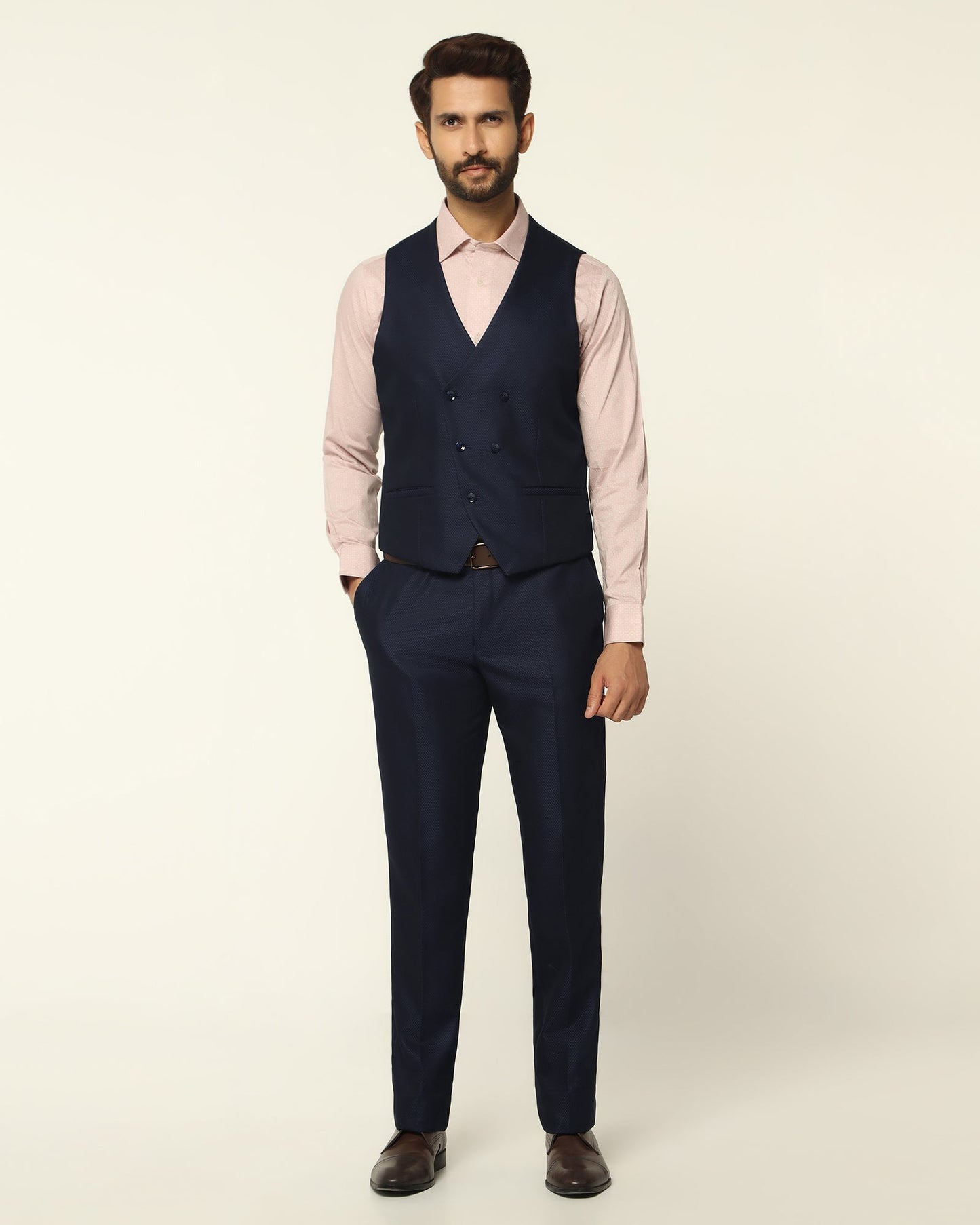 Three Piece Navy Textured Formal Suit - Rayner